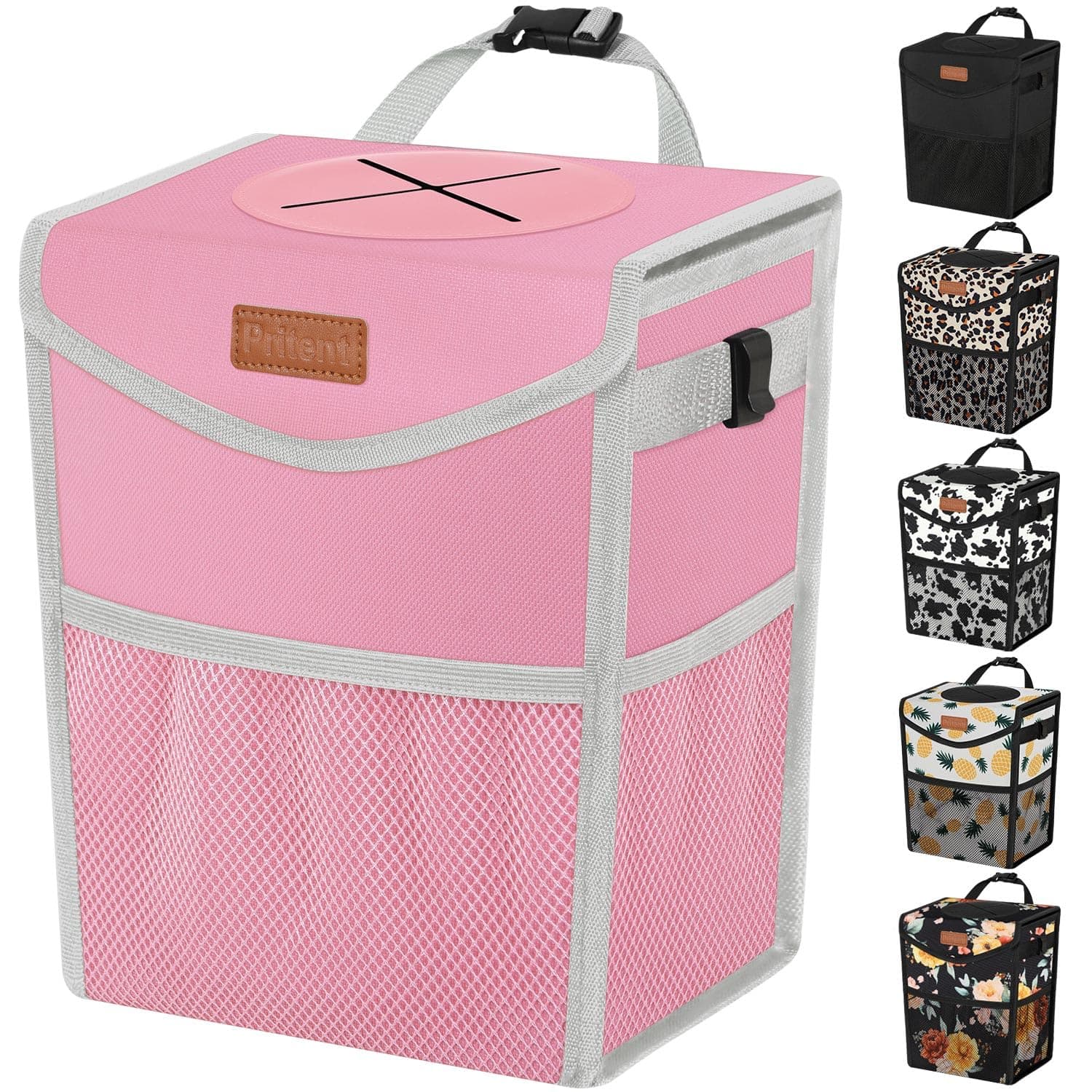 Car Trash Can with Lid, Cute Leakproof Car Trash Garbage Bag Hanging Vehicle Trash Bin Small Portable Automotive Garbage Cans Organizer for Back/Front Seat(Trapezoid,Pink