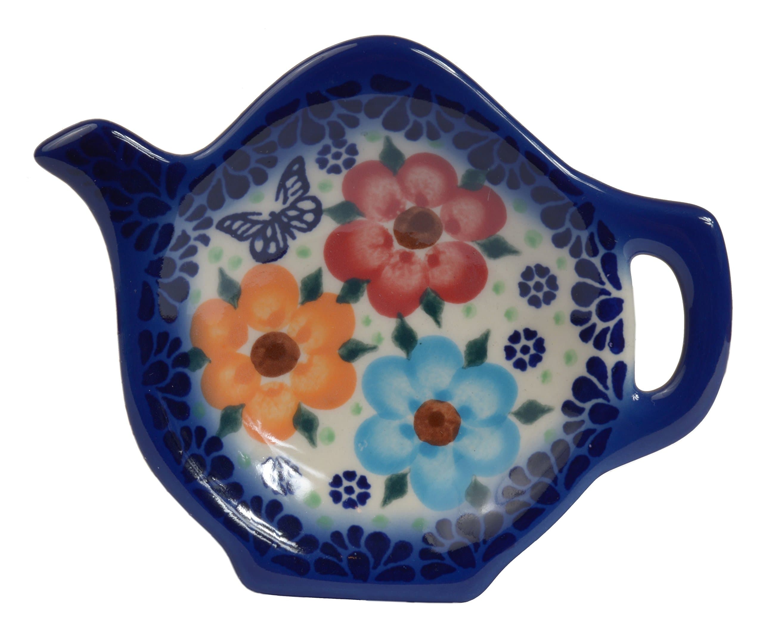 Traditional Polish Pottery, Handcrafted Ceramic Teapot-Shaped Tea Bag Tidy Holder or Spoon Rest, D.10cm, Boleslawiec Style Pattern, H.301.Meadow