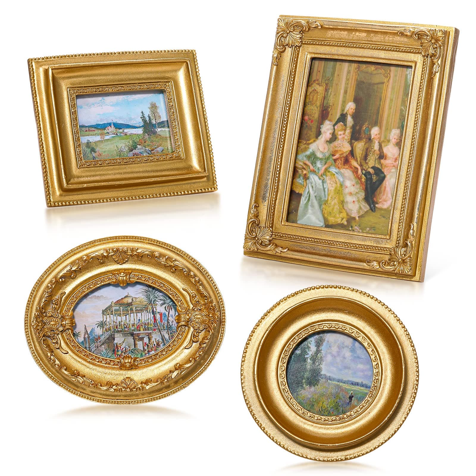 Geetery 4 Pcs Vintage Picture Frames Set Mini Antique Picture Frame Small Luxury Ornate Oval Circle Rectangle Wall Hanging for Gallery Wall Photo Display Tabletop Home Decor(Gold)