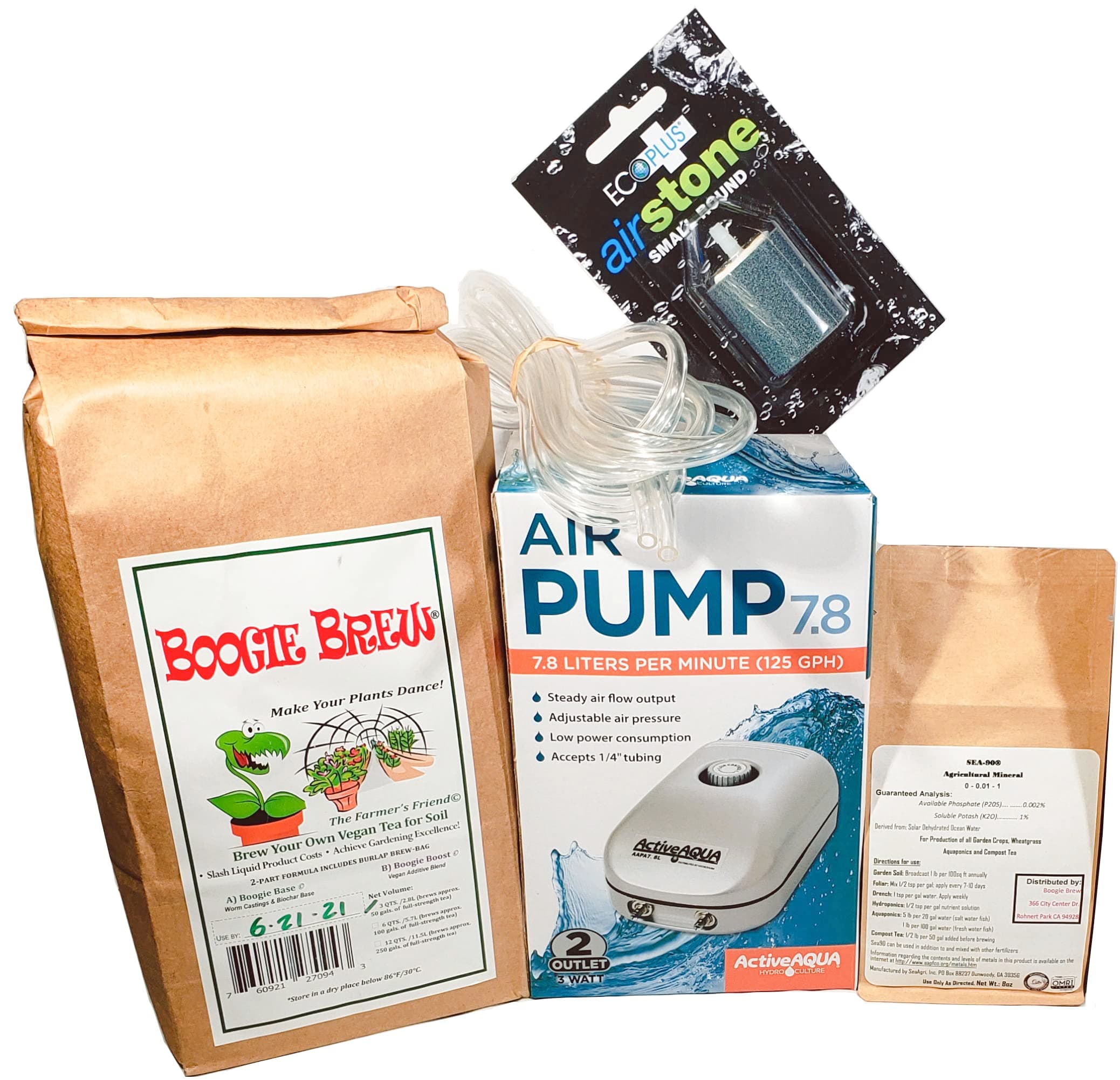 Compost Tea Kit for Brewers - A Full System for Brewing Compost Tea! Includes AAPA7.8L Active Aqua Air-Pump, 2 Air Stones and Tubing, 3lb Boogie Brew 2P Tea, and 8oz Sea90