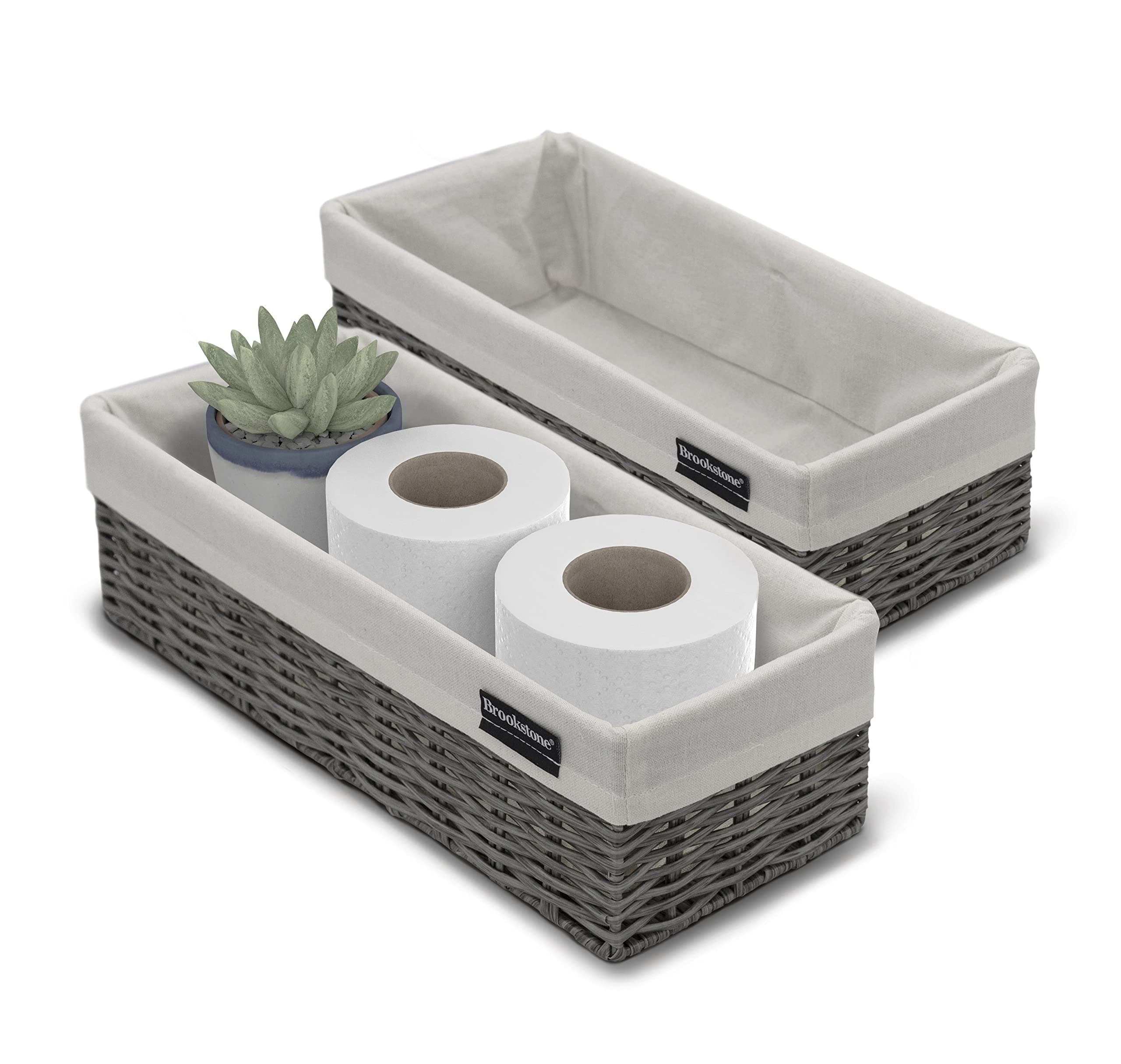 Brookstone Wicker Storage Basket Two Pack Set, Bathroom and Closet Organizers and Storage Bins with Fabric Liner, Grey