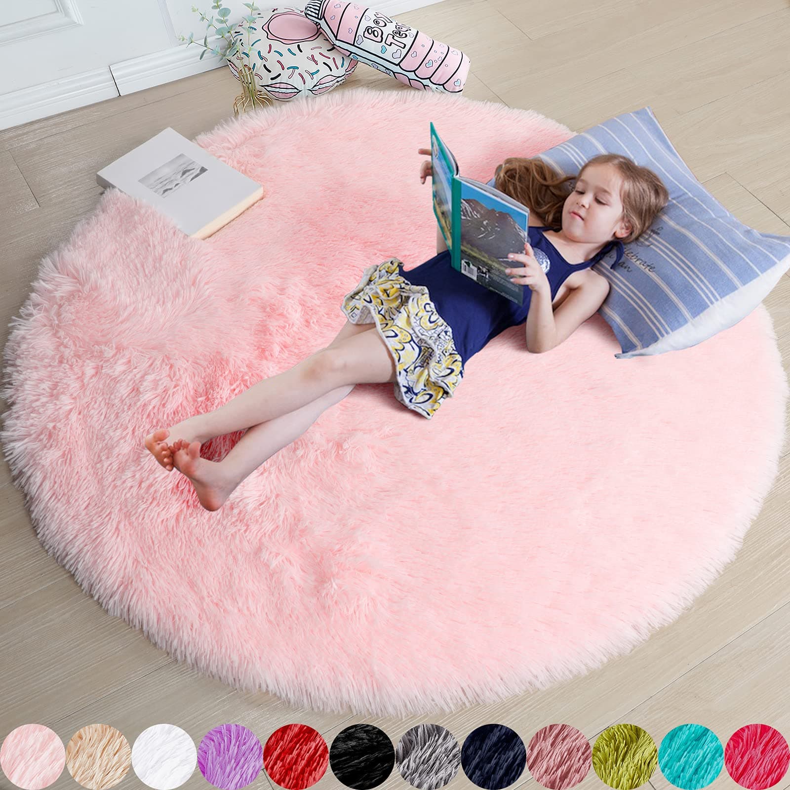 Pink Round Rug for Bedroom,Fluffy Circle Rug 1.2mX1.2m for Kids Room,Furry Carpet for Teen Girls Room,Shaggy Throw Rug for Nursery Room,Fuzzy Plush Rug for Dorm,Pink Carpet,Cute Room Decor for Baby