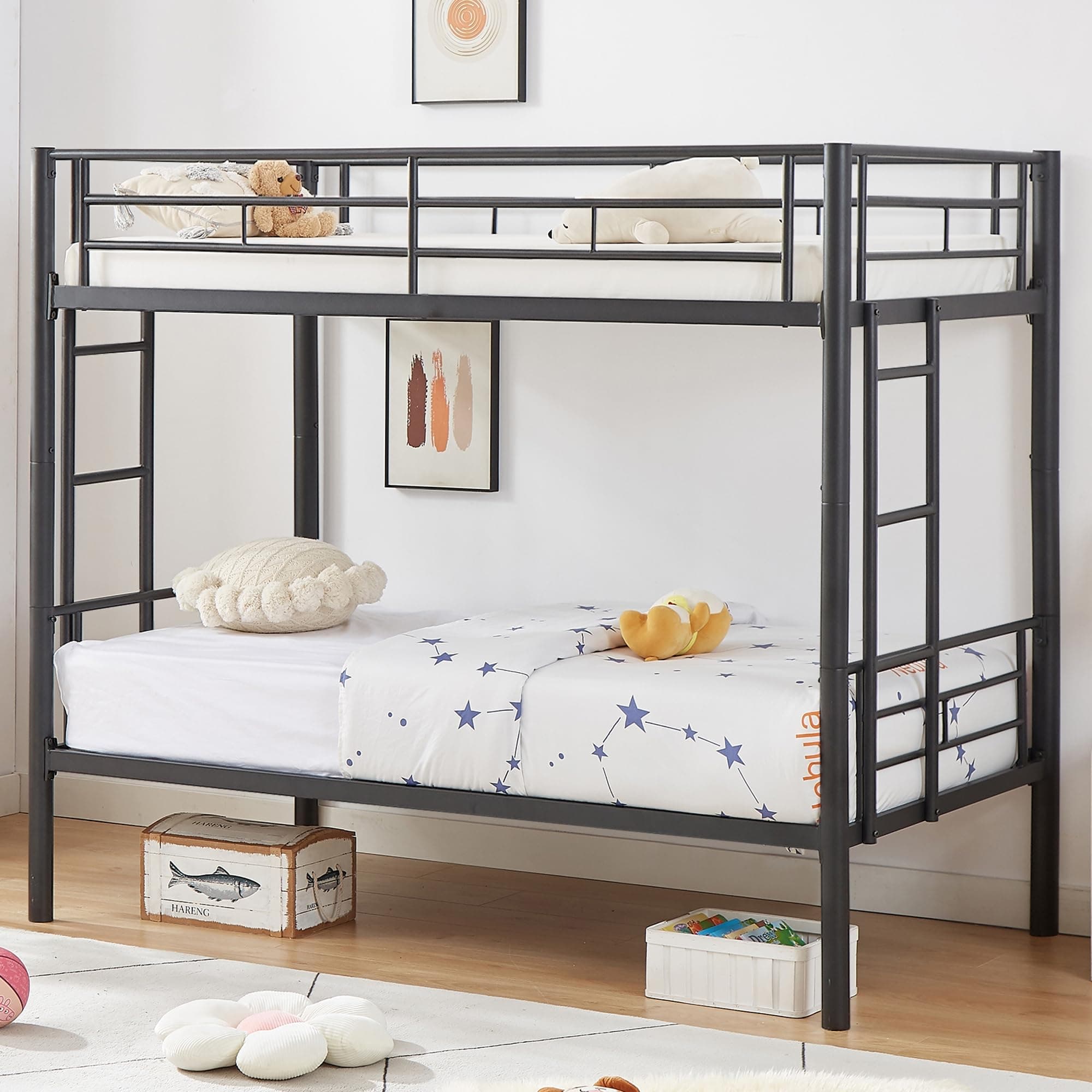 Metal Bunk Bed Twin Over Twin, Industrial Bunkbeds with Ladder and Full-Length Guardrail, Noise Free, No Boxing Spring Needed, Black