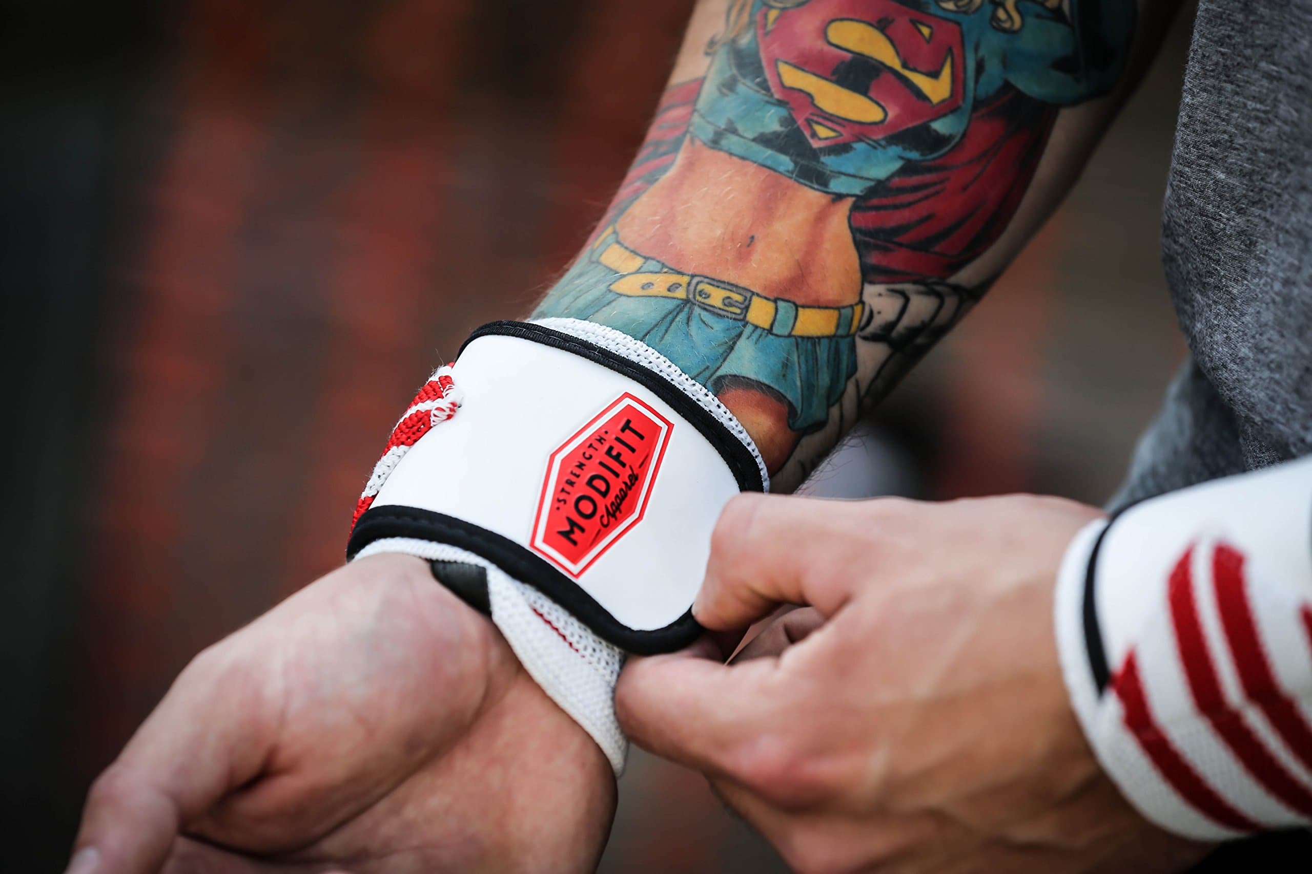 ModiFit White & Red Wrist Straps v2.0 - Wrist Supports Wraps For CrossFit Powerlifting Weightlifting and Strongman 12" Long Medium Weight Fabric Large Velcro Strap For Awesome Support!