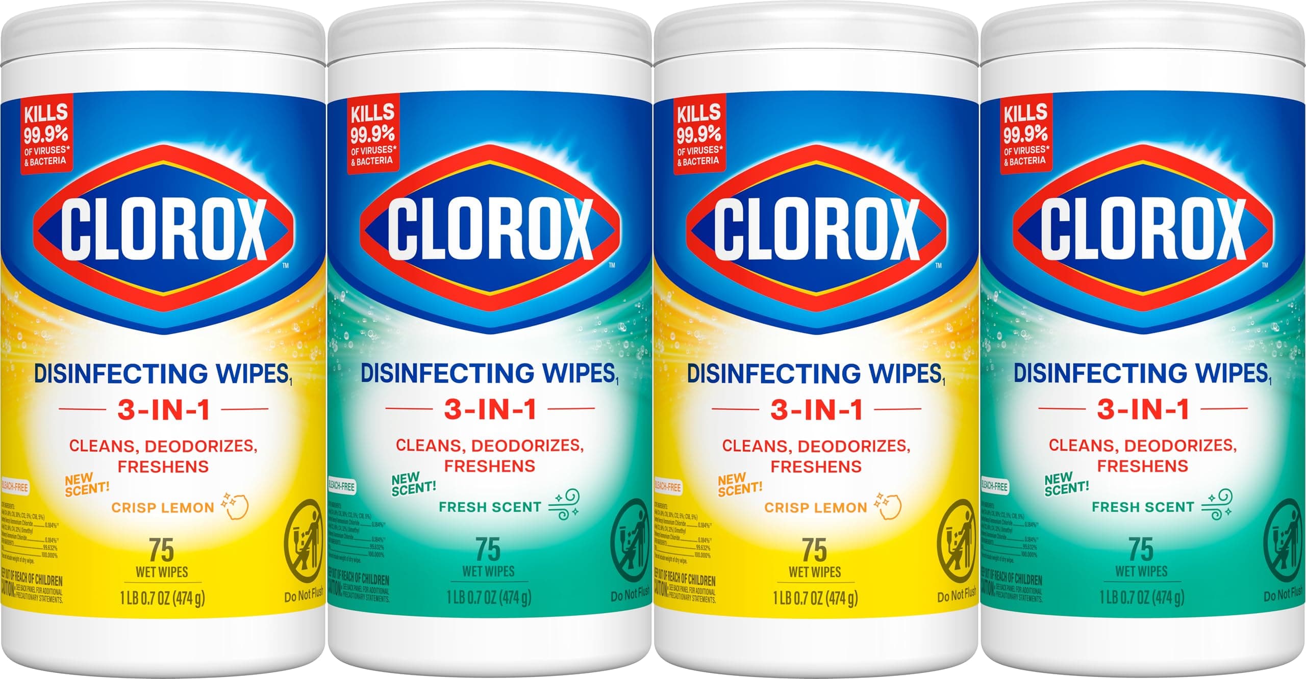 Disinfecting Cleaning Wipes for Spring Cleaning & Allergy Season, Bleach Free, Fresh Scent and Crisp Lemon, 75 Count Each, Pack of 4