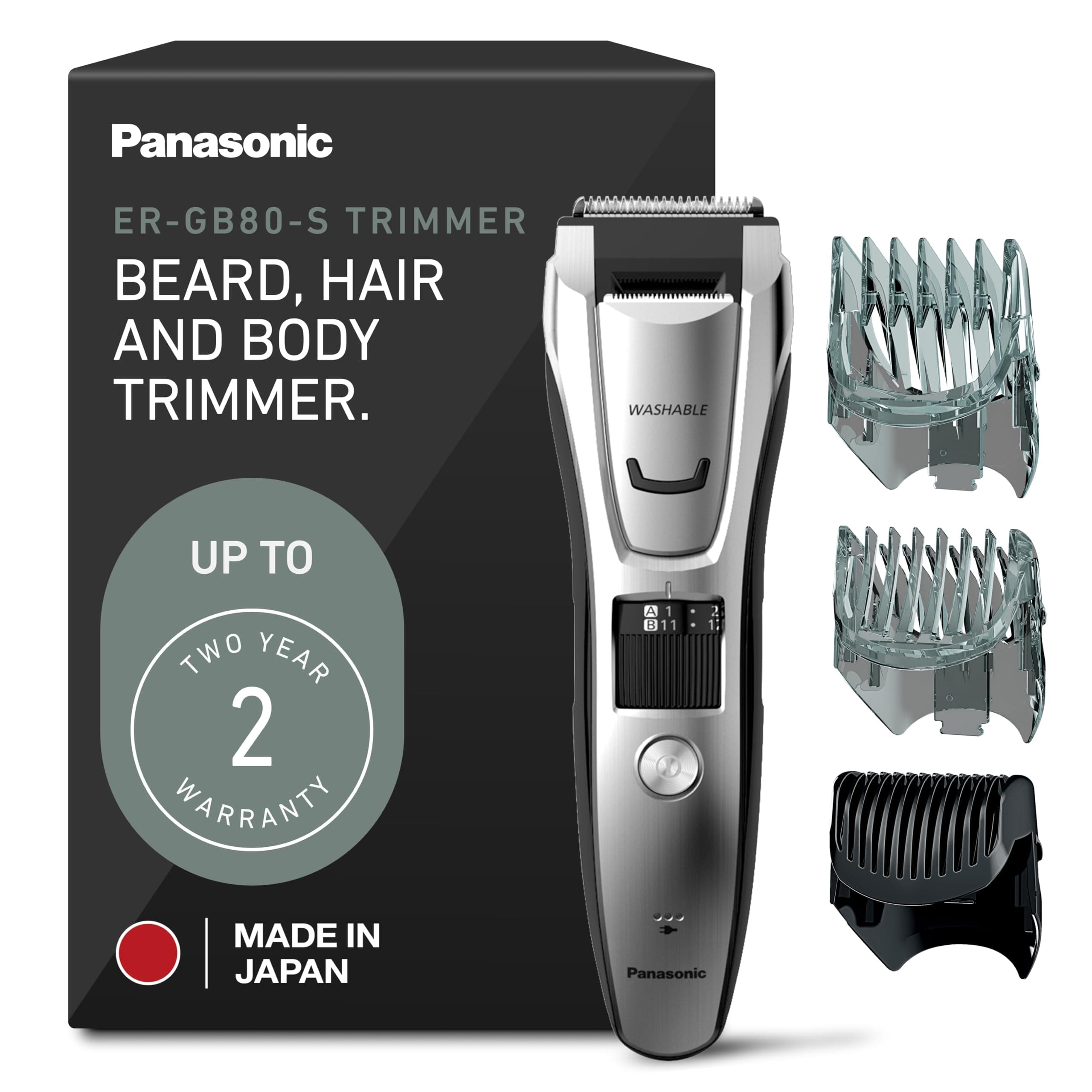 Panasonic Multi-Groomer Men’s Trimmer for Beard, Hair and Body, 39 Trim Length Settings with 3 Attachments, Corded/Cordless Operation – ER-GB80-S (Silver)