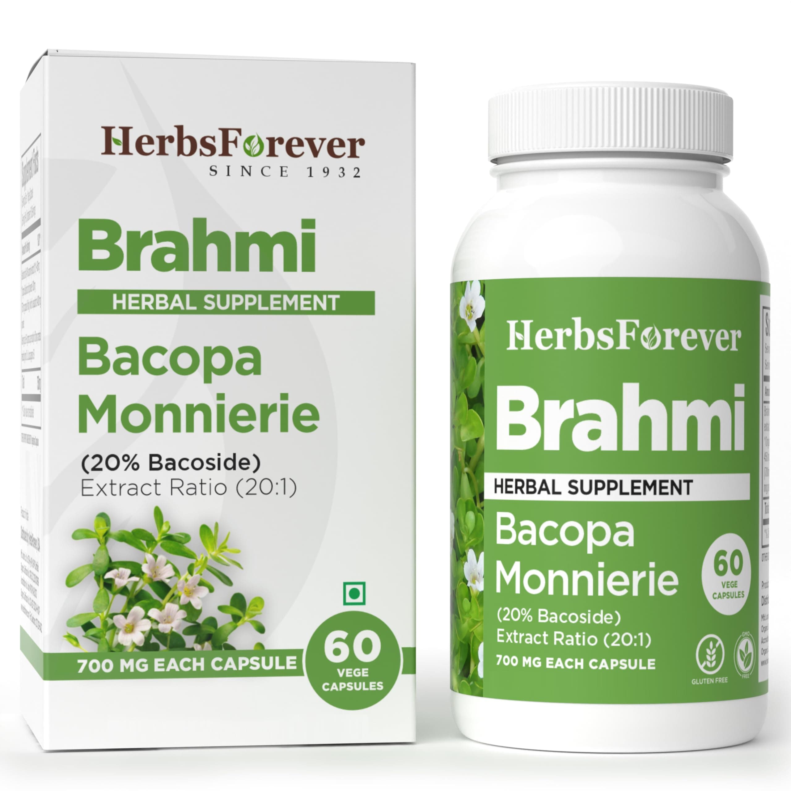 Herbsforever Brahmi(Bacopa)-Extra Strength(20:1) Extract, Equiv. to 5450 mg Leaf Powder Per Serving- Memory Booster, Support Brain Health,Focus & Cognitive Function|Memory Tonic|60 Veg Capsules|800mg