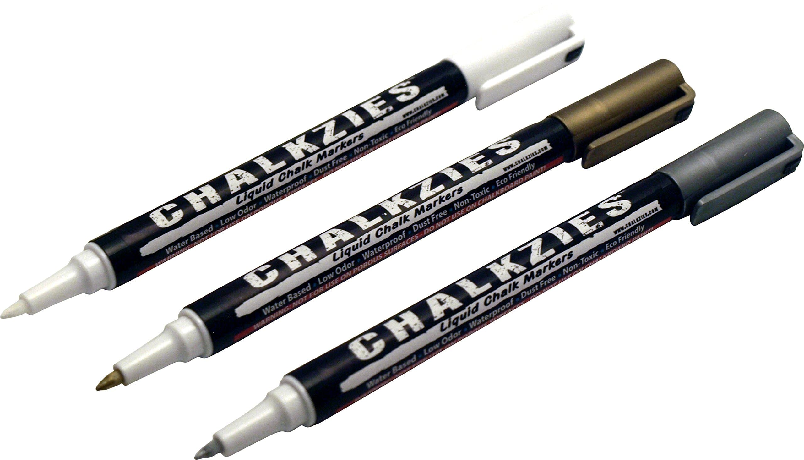 Chalkzies 0.7mm Extra Fine Point Liquid Chalk Marker • Waterproof • Premium Quality (Gold, Silver & White Multi-Pack)
