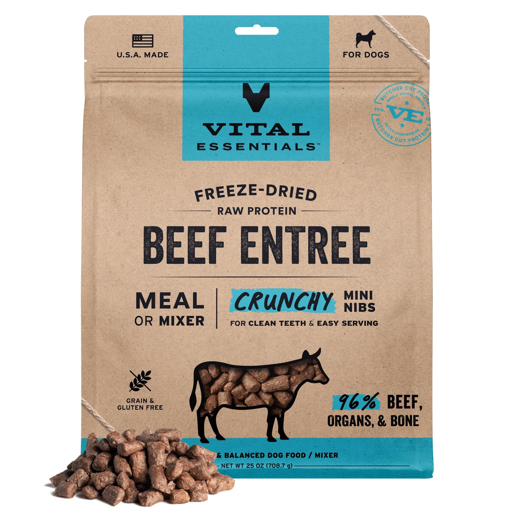 Freeze Dried Dog Food, Raw Beef Crunchy Mini Nibs | Complete Meal or Topper | 96% Beef, Organs & Bone | Limited Ingredient, High Protein, Grain Free Dry Dog Food | 25 oz Bag