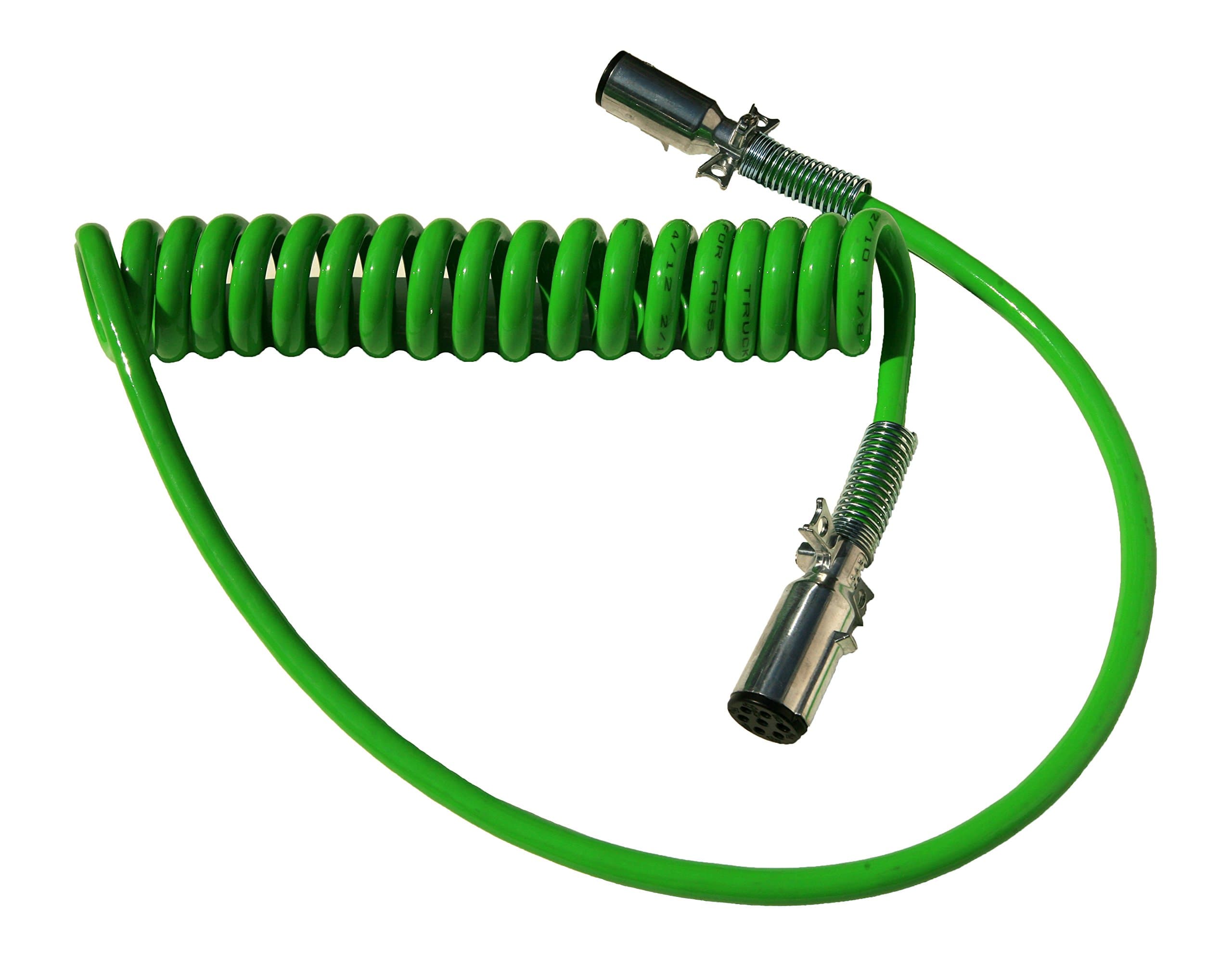 7-Way Truck and Trailer Electrical Coiled Cable ABS Duty Green, 15' Length; 1 X 12 & 1 X 40 Leads