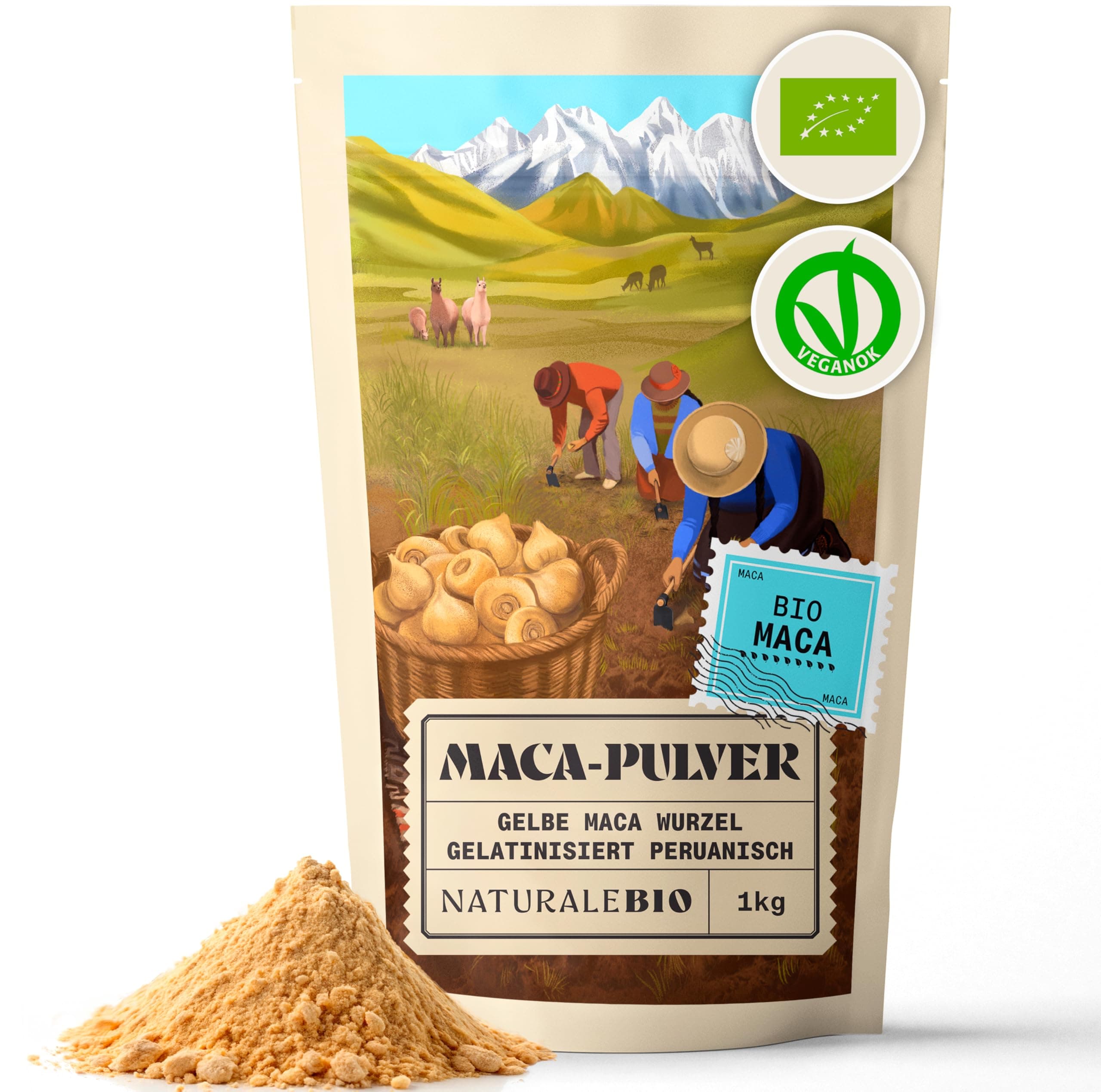 NaturaleBio Organic Maca Powder [ Gelatinised] 1kg. 100% Peruvian, Natural and Pure, from Organic Maca Root. Vegetarian and Vegan Friendly