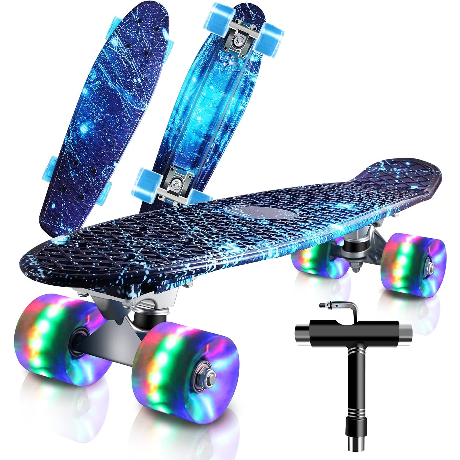 Skateboard Complete Mini Cruiser 22" Retro Skateboard for Kids Teens Adults, LED Light up Wheels With All-in-One Skate T-Tool