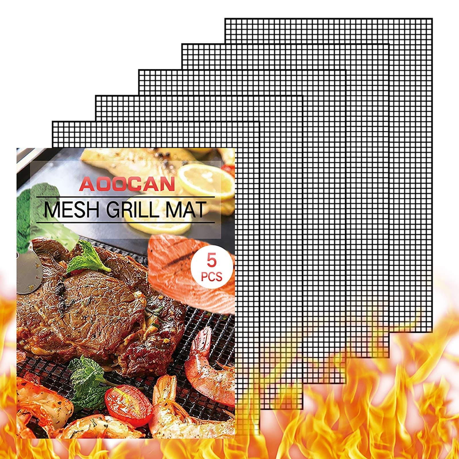 AOOCAN Grill mesh mat - Set of 5 Non Stick BBQ Grill mats, Heavy Duty, Reusable Grilling mats, Easy to Clean - Works on Gas, Charcoal, Pellet Grill - 15.75 x 13 in, Black
