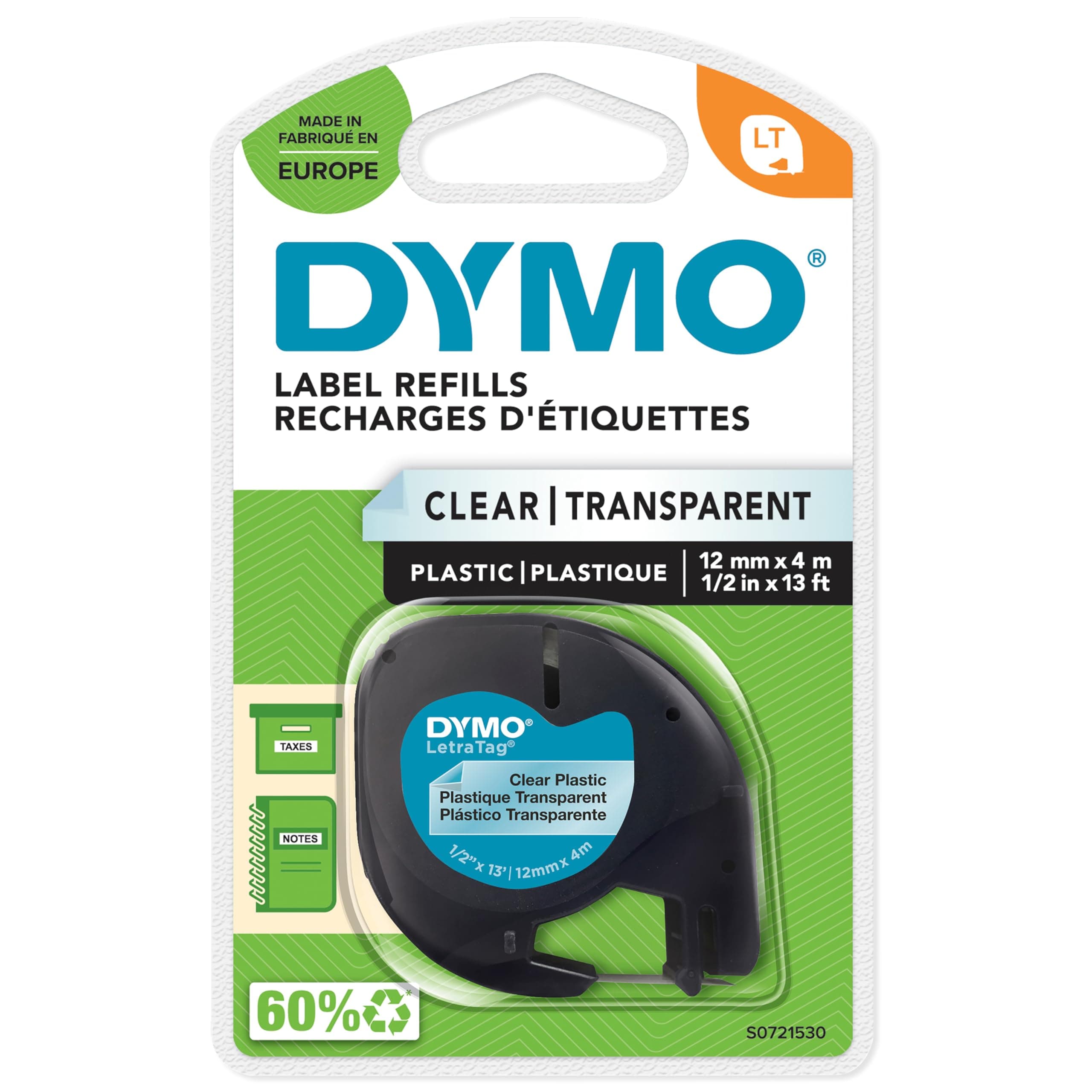 Dymo Letratag Clear Plastic Tape 12mmx4m - Black/Transparent S0721530