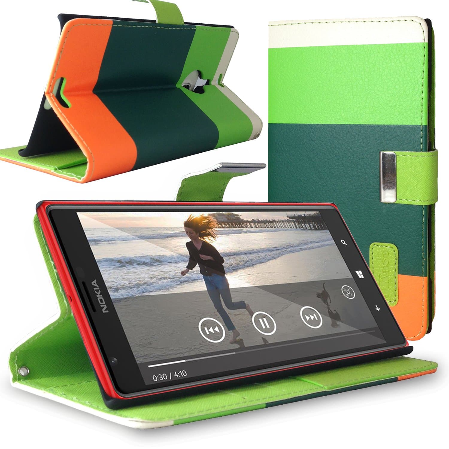 JKase(TM Color Series PU Leather Wallet Cover Case with Credit/Business Card Holder Compatible for Nokia Lumia 1520 - Retail Packaging (Green/Dark Green)