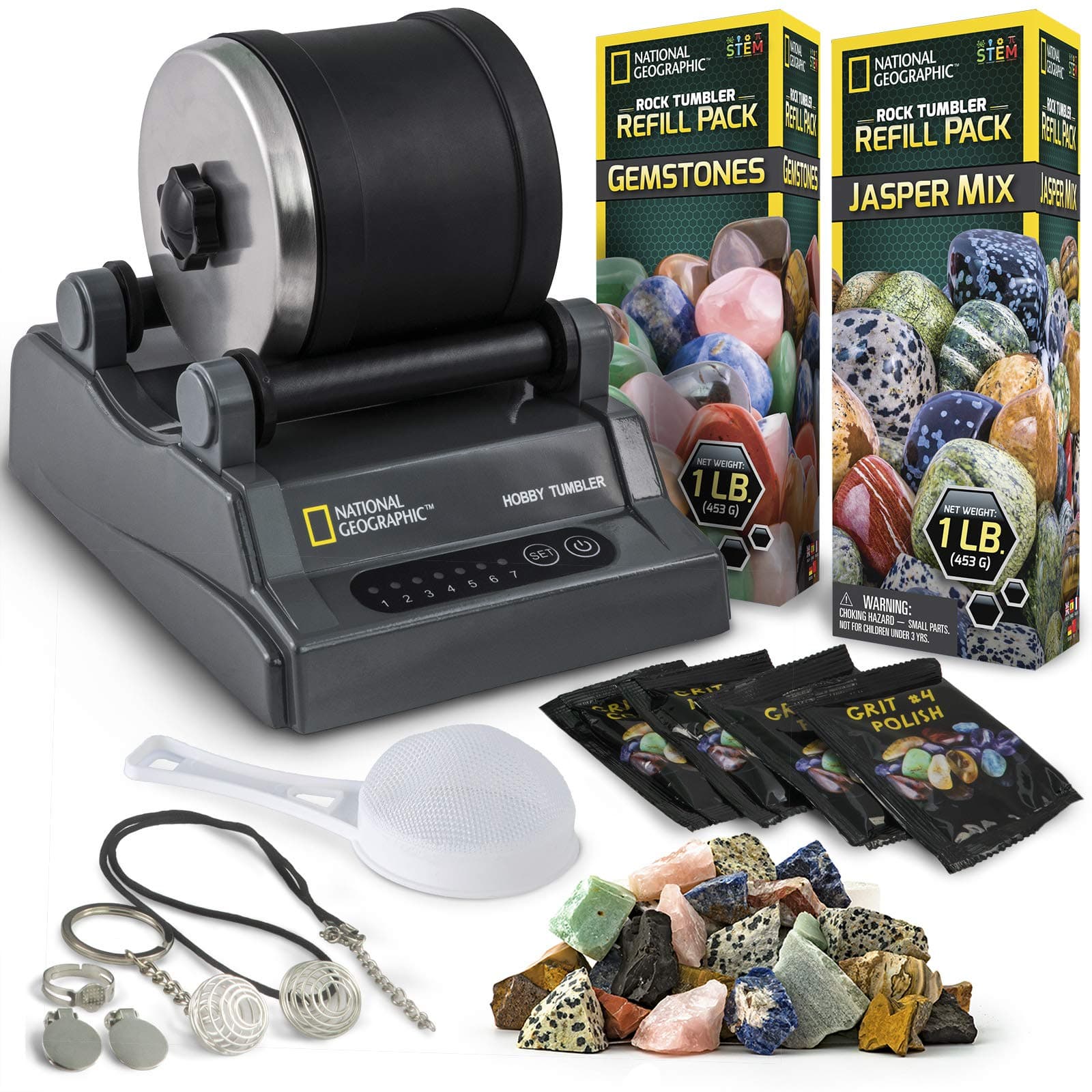 National Geographic Hobby Rock Tumbler Kit - Rock Polisher for Kids & Adults, Noise-Reduced Barrel, Grit, 2.5 Pounds Raw Gemstone & Jasper Mix, Great STEM Hobby Kit