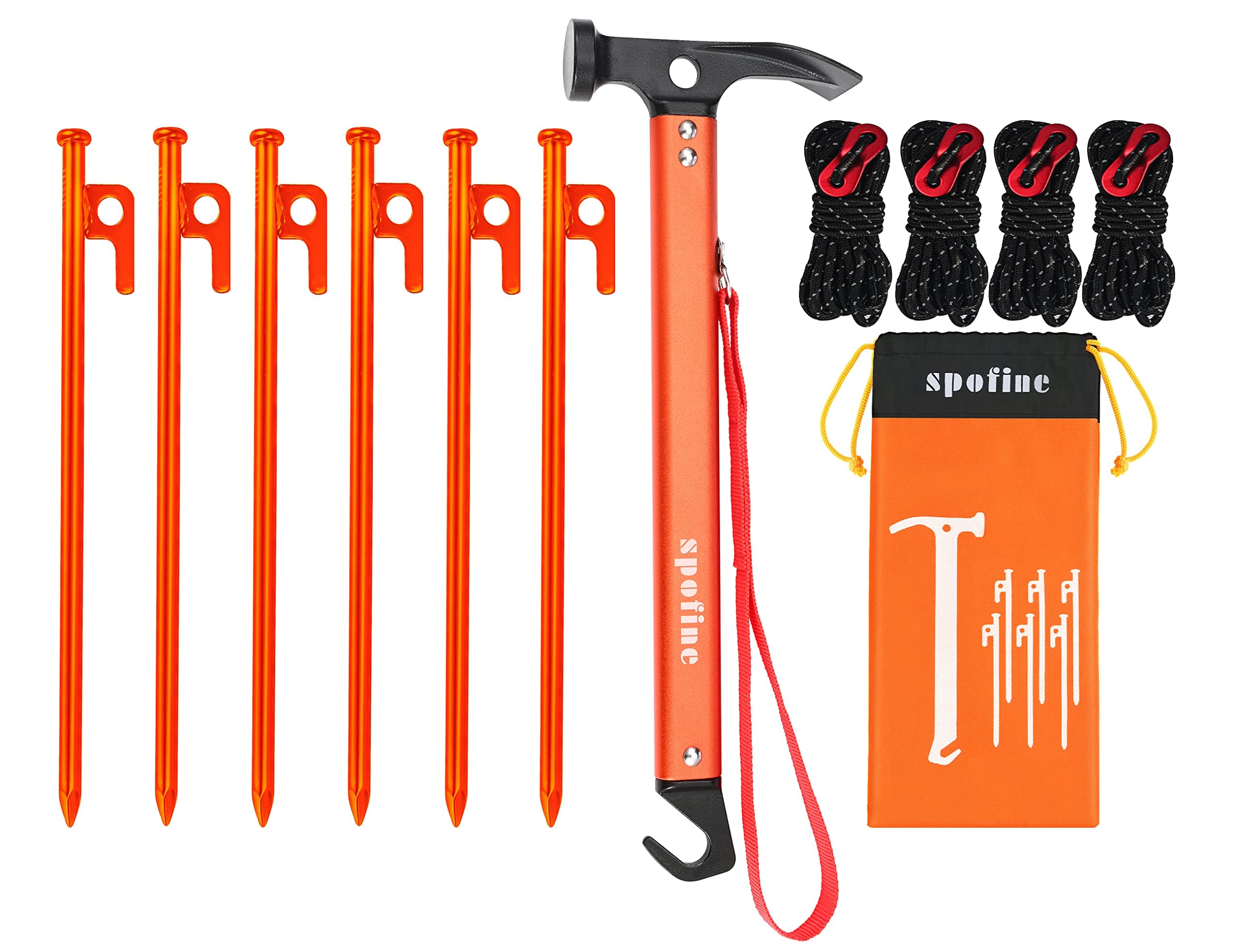 Spofine Tent Stakes, 6pcs Heavy Duty Tent Stakes Metal with Tent Hammer 13ft Reflective Ropes, Camping Accessories Kit with Tent Pegs Aluminum Mallet Storage Bag for Camping Hiking Backpacking
