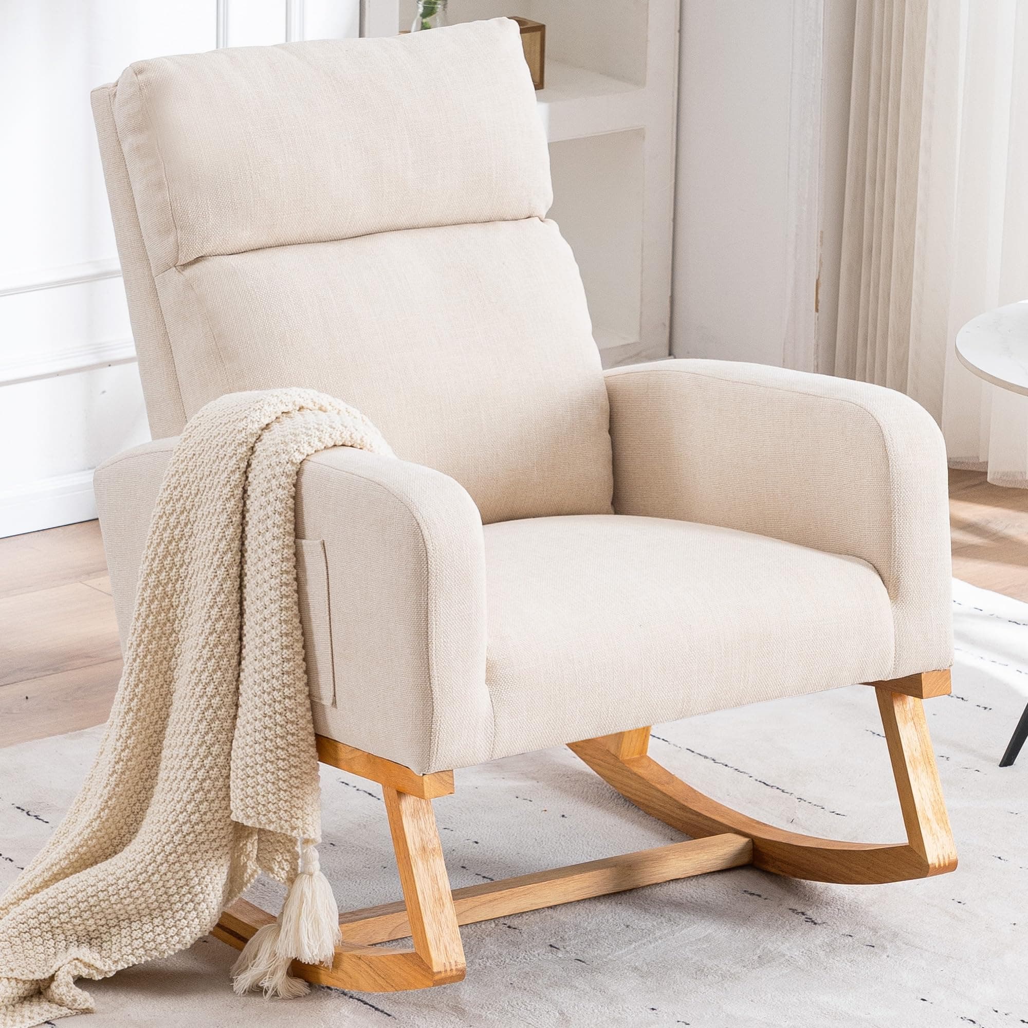 Rocking Chair Nursery - Glider Modern Accent Glider Chairs Upholstered Linen Rocker Padded Armchair for Indoor Living Room Bedroom Beige