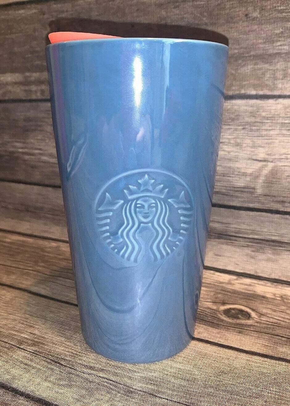 Ceramic Traveler Mug Glossy Blue with Coral Lid 12oz