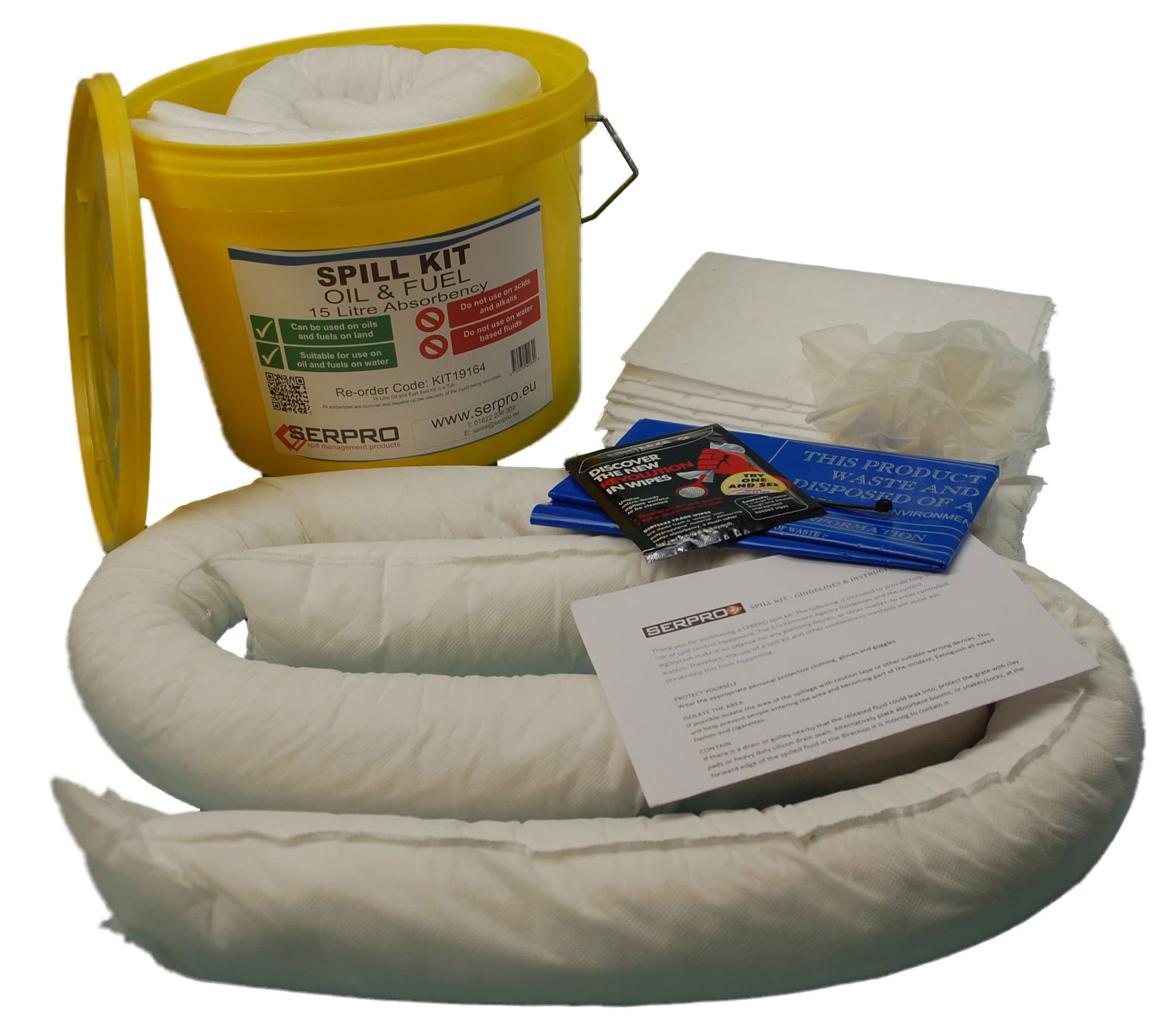 15 Litre Oil and Fuel Spill Kit in a Durable Plastic Tub (Complete Kit) - Complete Emergency Spill Response Kit for Efficient Containment and Cleanup