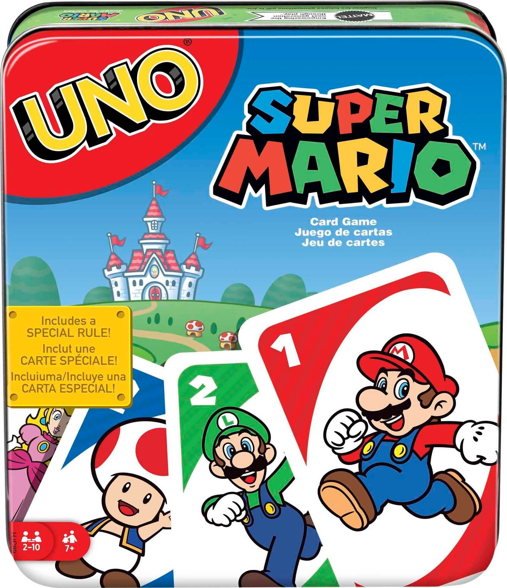 UNO Super Mario Card Game, Video Game Themed Travel Game in Collectible Storage Tin with Special Rule (Amazon Exclusive)