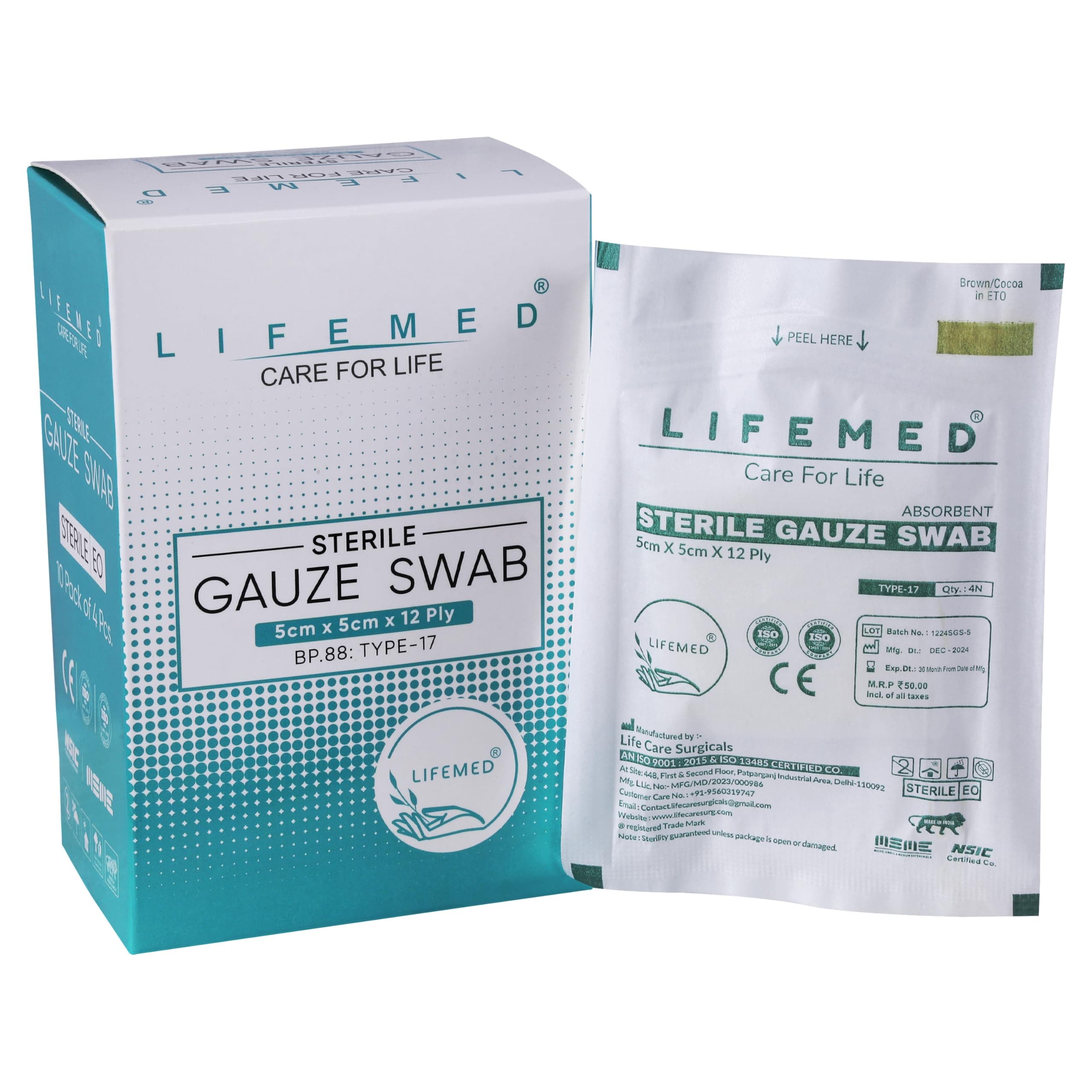 LIFEMED Sterile Gauze Swab 5cm x 5cm 12-Ply Type-17 | Highly Absorbent Cotton Gauze Pads for Wound Dressing, First Aid, and Medical Use (Box of 10 Pouches – 40 Swabs)
