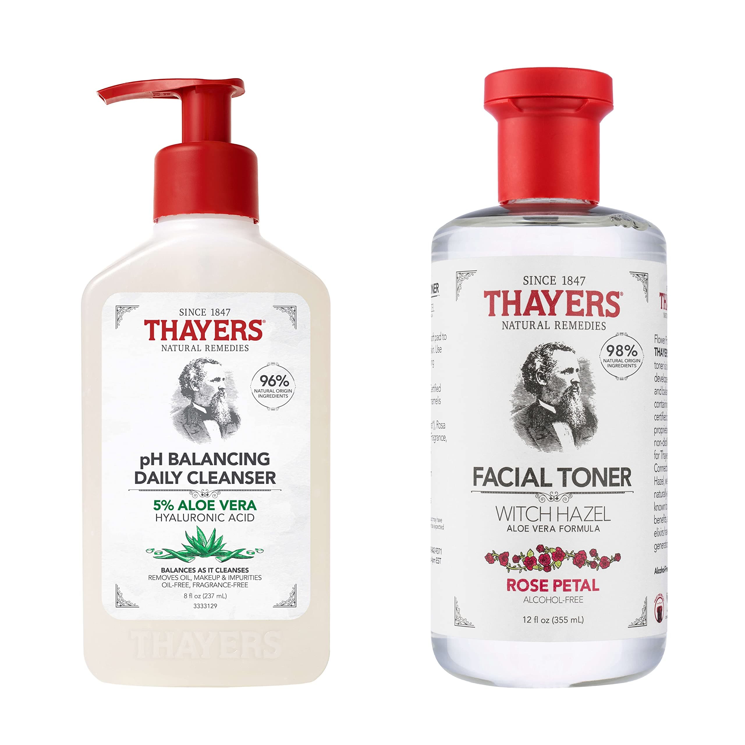 THAYERS Alcohol-Free, Hydrating, Rose Petal Toner with Aloe Vera Formula, 12 FL Oz + Thayers pH Balancing Daily Cleanser, Face Wash with Aloe Vera, Gentle and Hydrating Skincare, 8 FL Oz