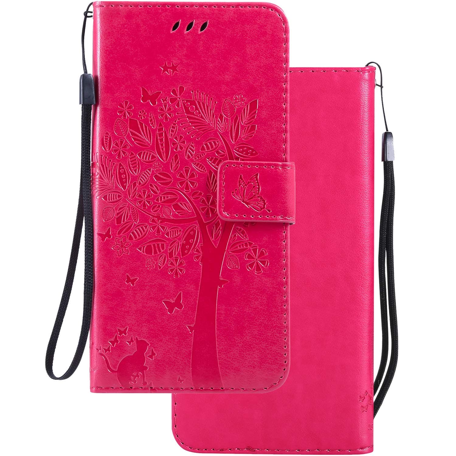 LEMORRY for Samsung Galaxy J3 (2017) Case Leather Flip Wallet Pouch Slim Fit Bumper Protection Magnetic Strap Stand Card Slot Soft TPU Cover for Galaxy J3 (2017), Lucky Tree Pink