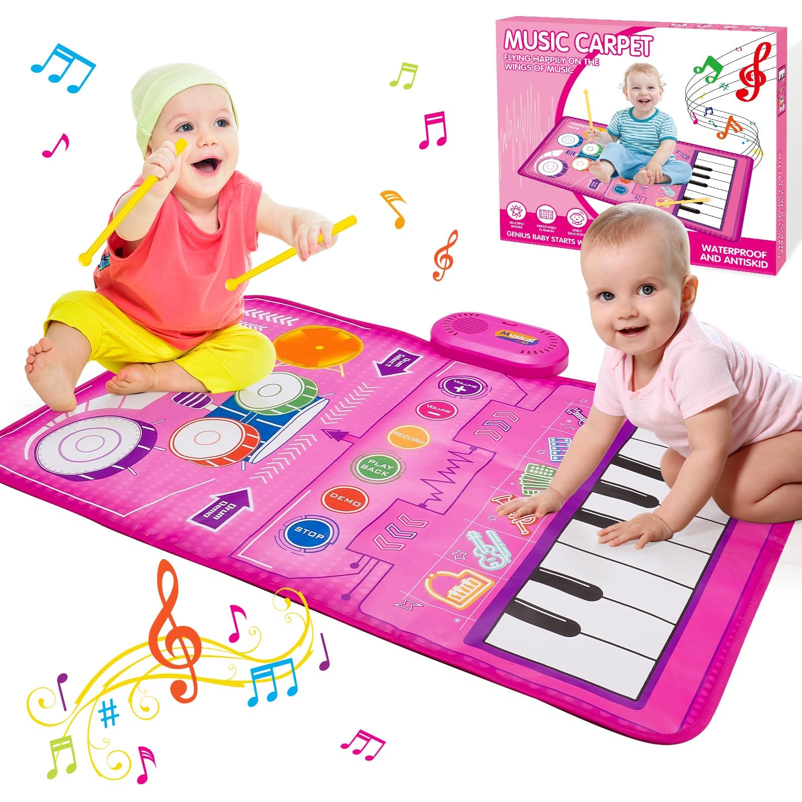 HappyGoLucky Musical Toys for Gifts, 2 in 1 Piano Drum Mat with 19 Sound & Recording Function, 1st Birthday Gifts for Girls Birthday Presents for 1 2 Year Old Girls Easter Toys Gifts for Kids