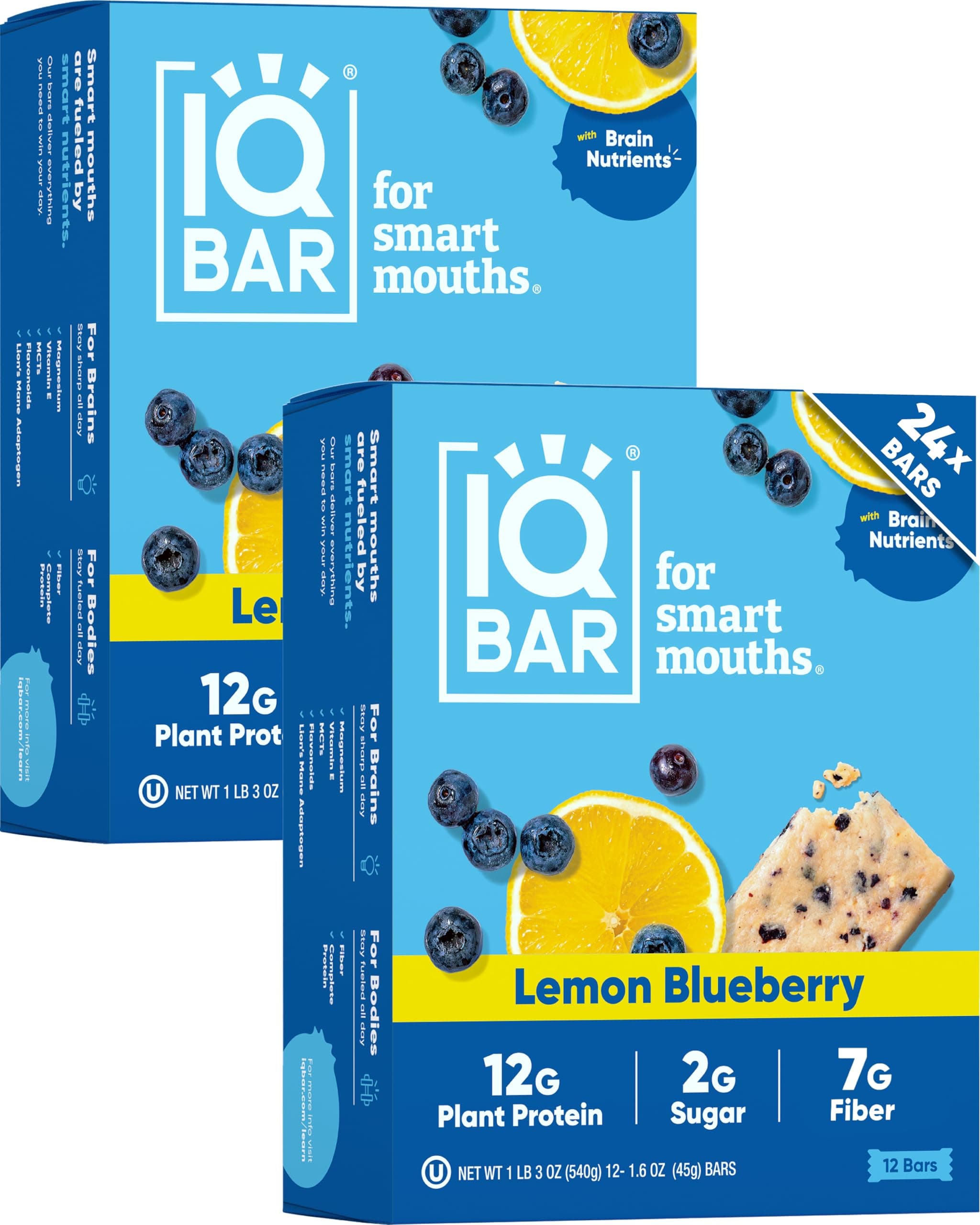 Brain and Body Clean Plant Protein Bars - Lemon Blueberry - 24 Bars - Keto, Vegan, High Fiber, Gluten and Dairy Free, Low Sugar Snack with Nutrients for Focus, Energy, Meal Replacement
