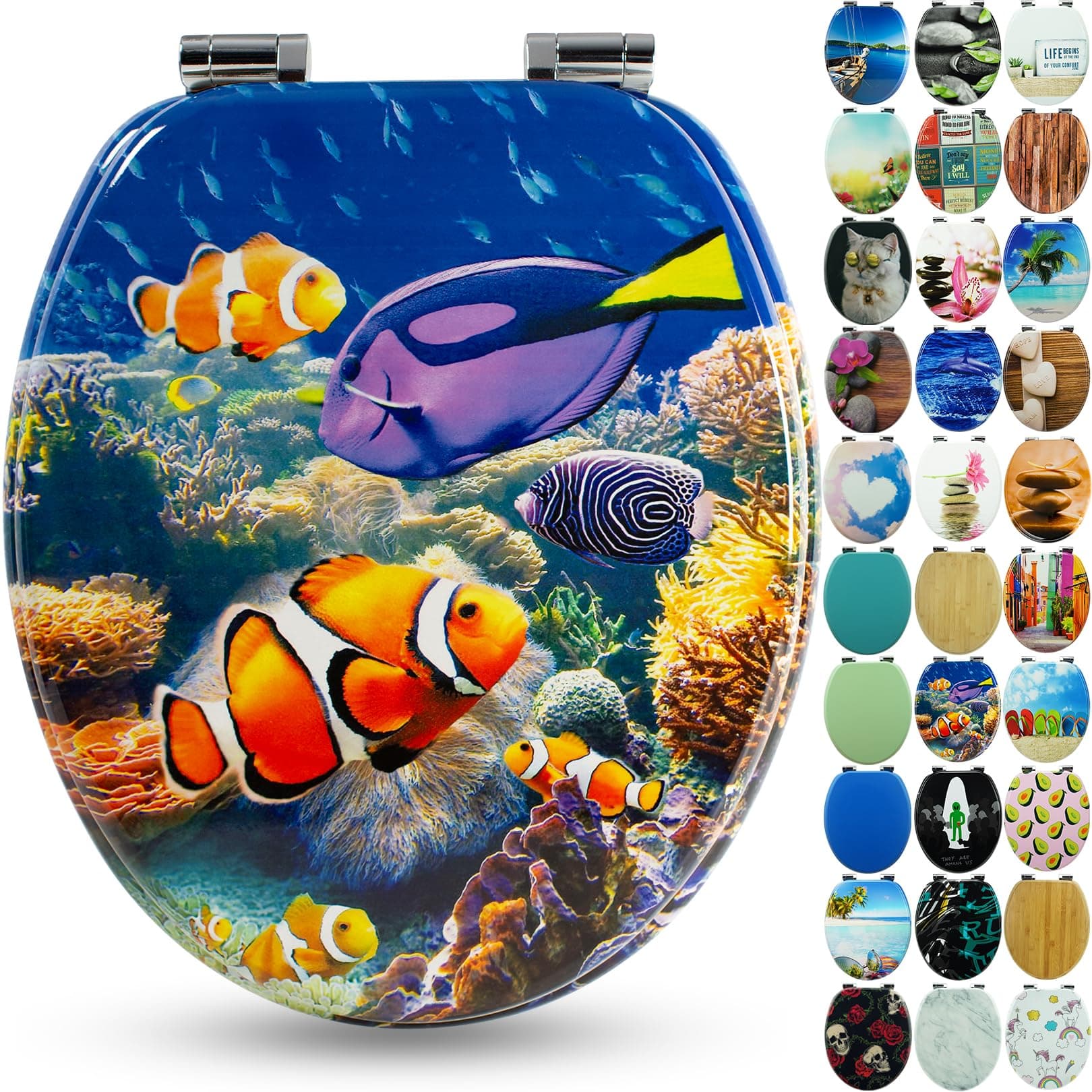 SANFINO® Premium Toilet Seat with Soft Close - Wooden Toilet Lid, lots of colourful and decorative designs, high seating comfort, easy to install including instructions - Nemo