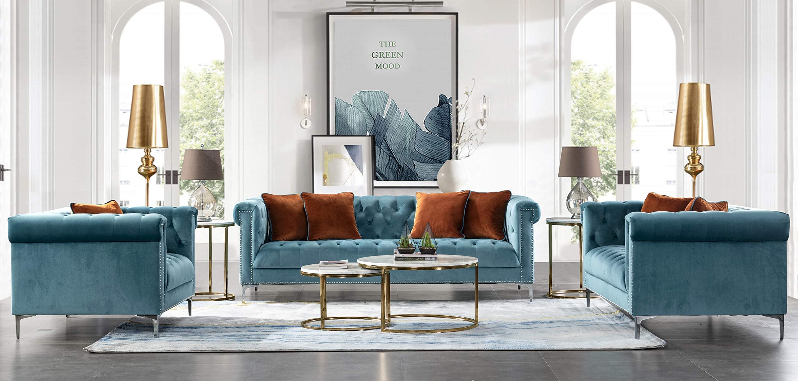 Acanva Luxury Vintage Tufted Velvet Living Room Sofa with Metal Legs, 3 Piece Set, Teal