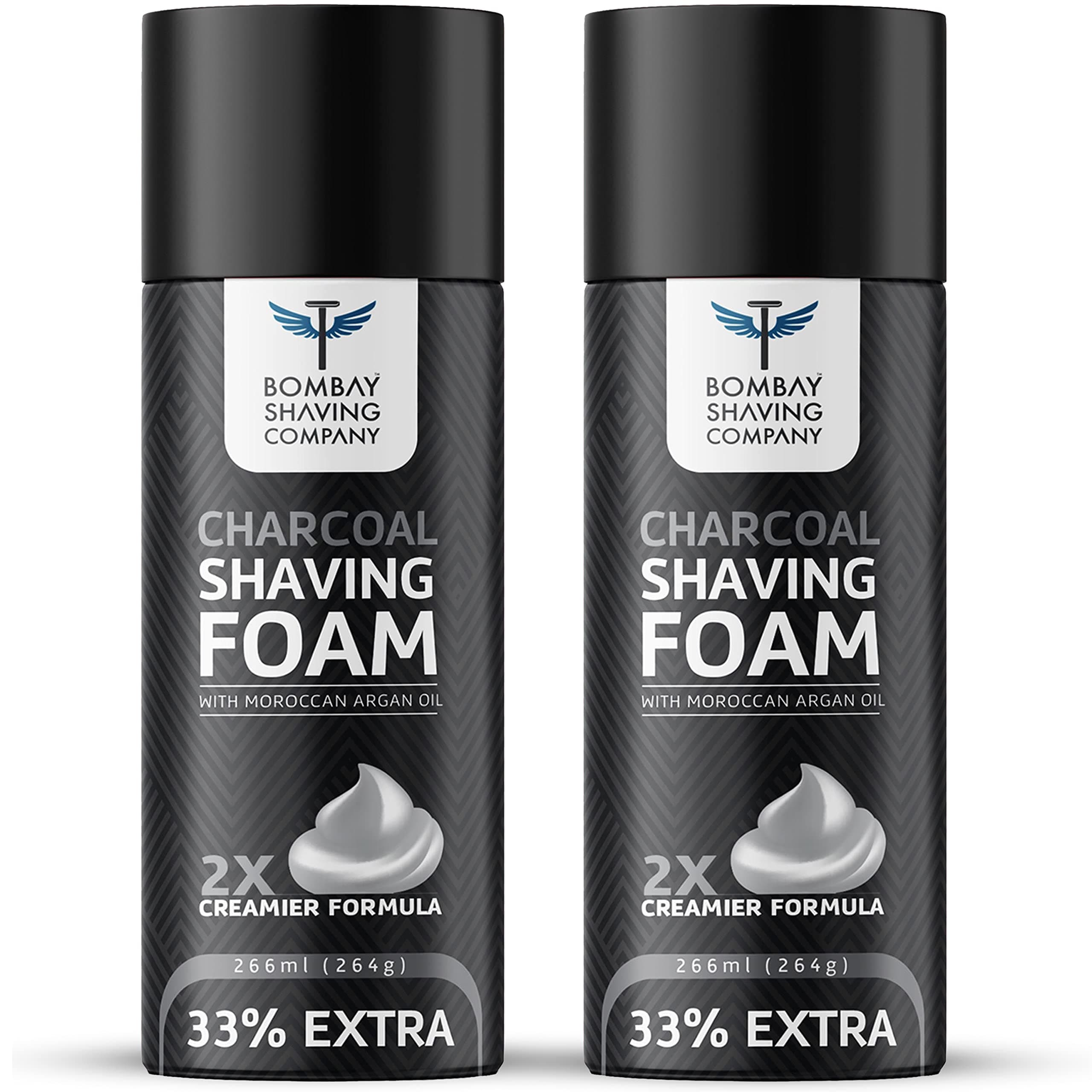 Bombay Shaving Company Activated Charcoal Shaving Foam with Moroccan Argan Oil, 2X Creamier for Superior Glide and Protection, 2 x 266 ml (33% Extra, Value Pack of 2)