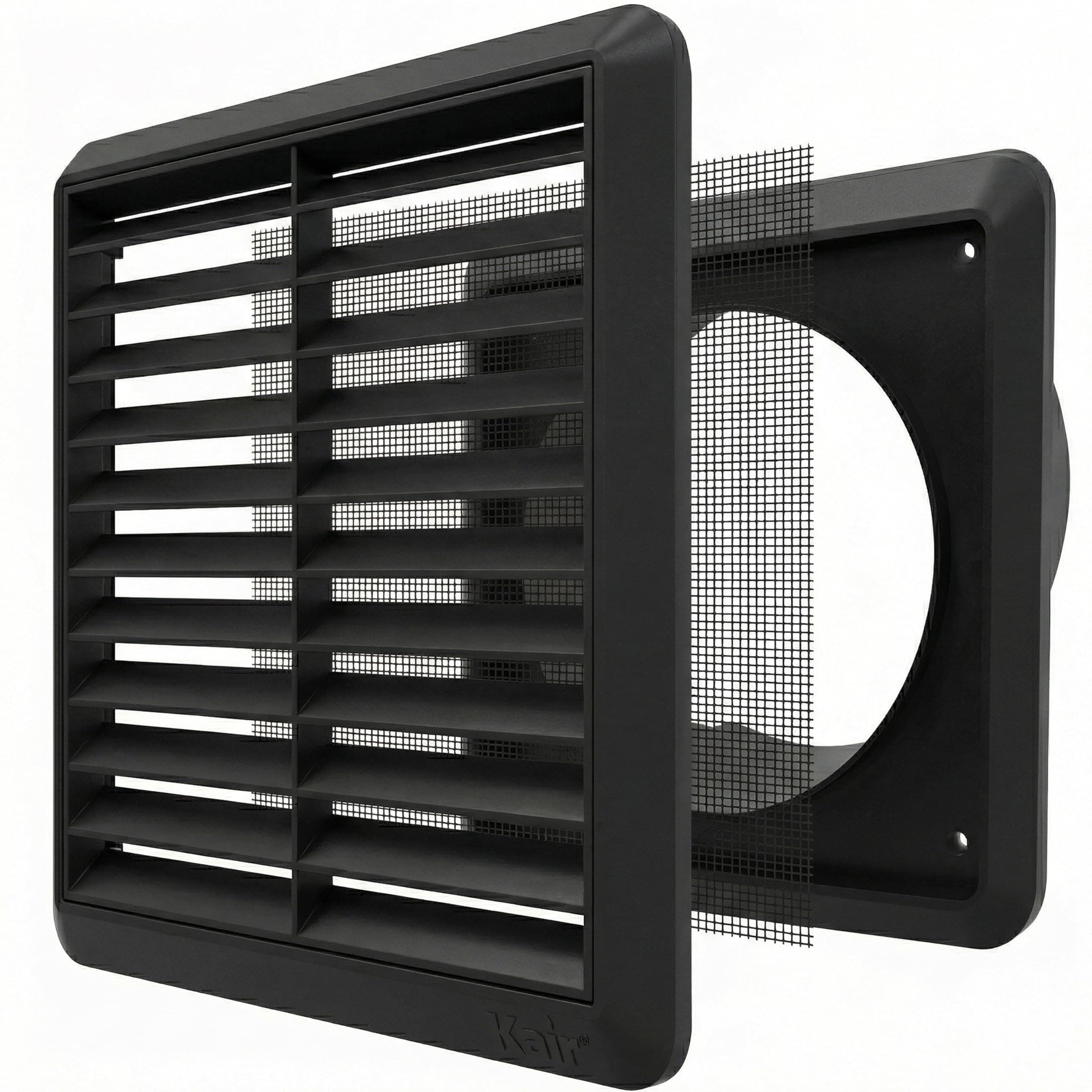 Kair Black 150mm Louvred Wall Vent Grille with Flyscreen - 150mm / 6 Inch Round Rear Spigot & 183mm Front Cover