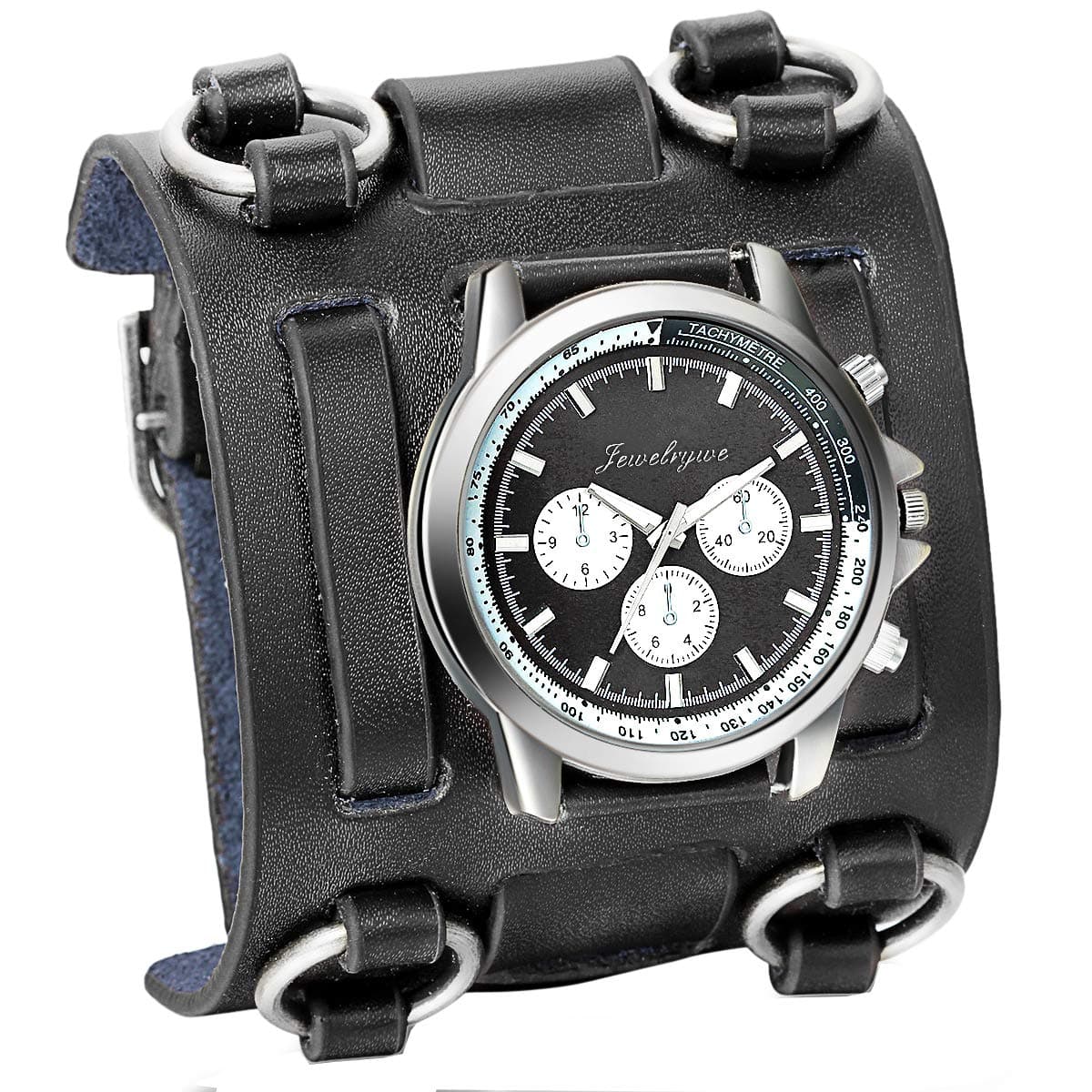 Black Brown Hip-hop Gothic Punk Style Men Watch Wide Leather Fashion Cuff Wristwatch, for Halloween