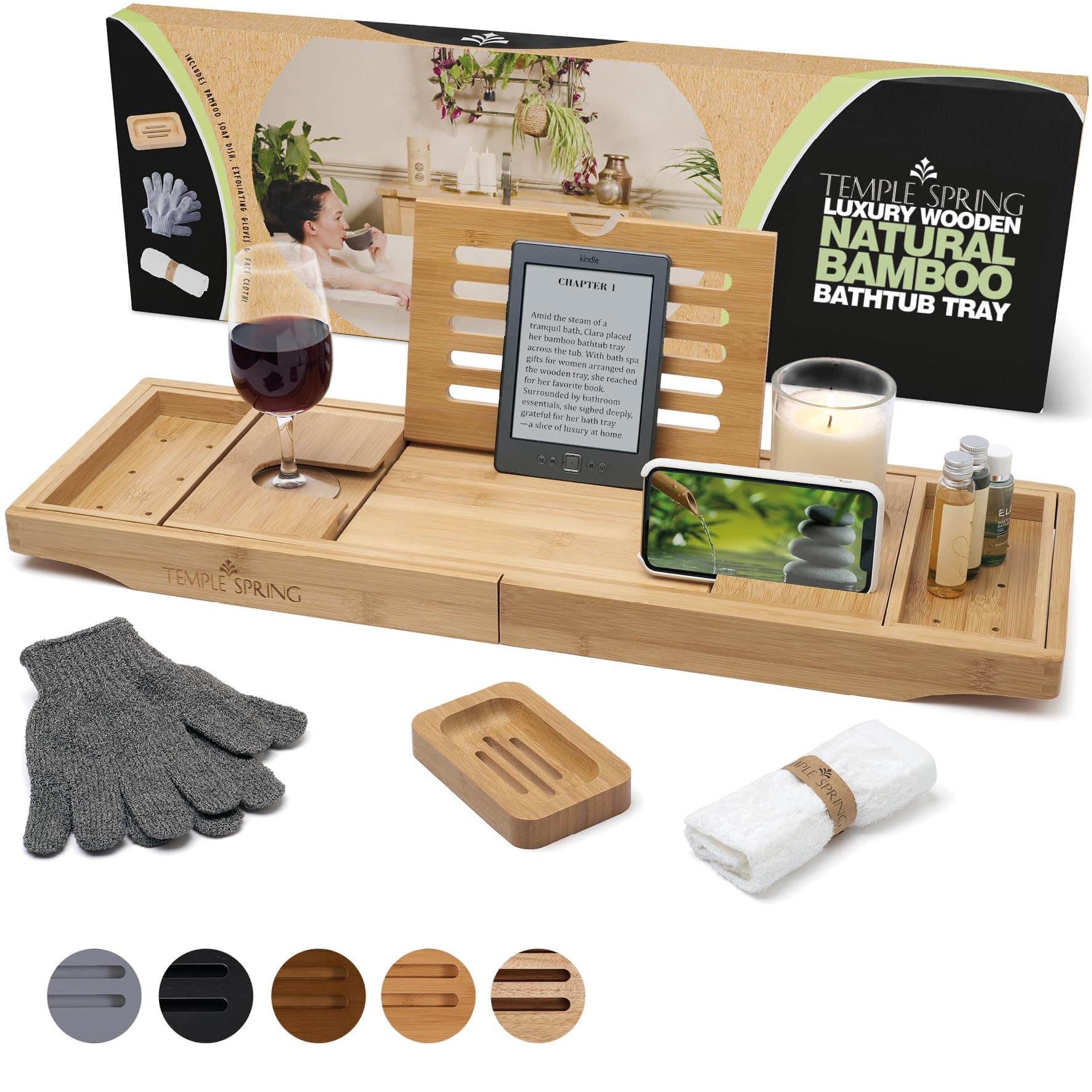 Bamboo Bathtub Tray Caddy for Tub — Expandable Wood Bath Tray with Solid Book Stand Wine Holder and Non-Slip Pads — Includes Bamboo Soap Dish and Spa Accessories — Luxury Bath Gift Set