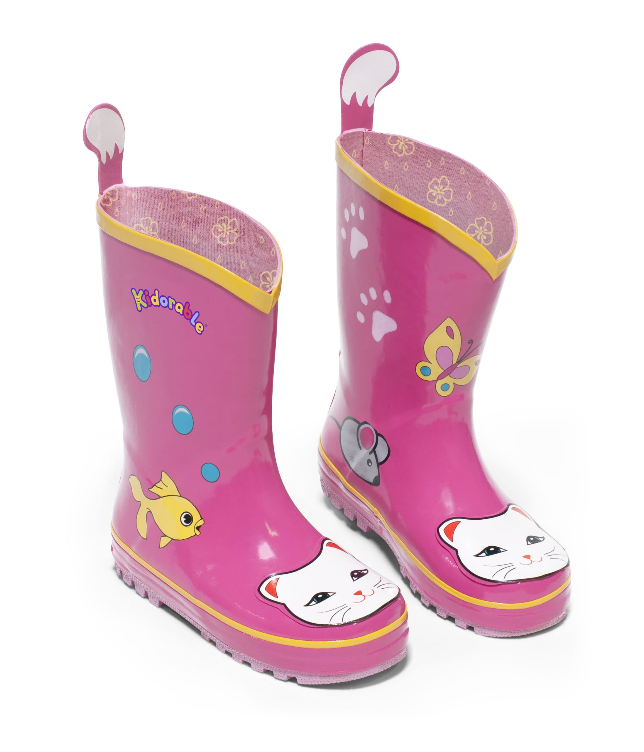 Lucky Cat Rainboots, Pink, Kids Sizes, Natural Rubber Boots with Cotton Lining, Pull On Heel Tab & Non-Slip Sole