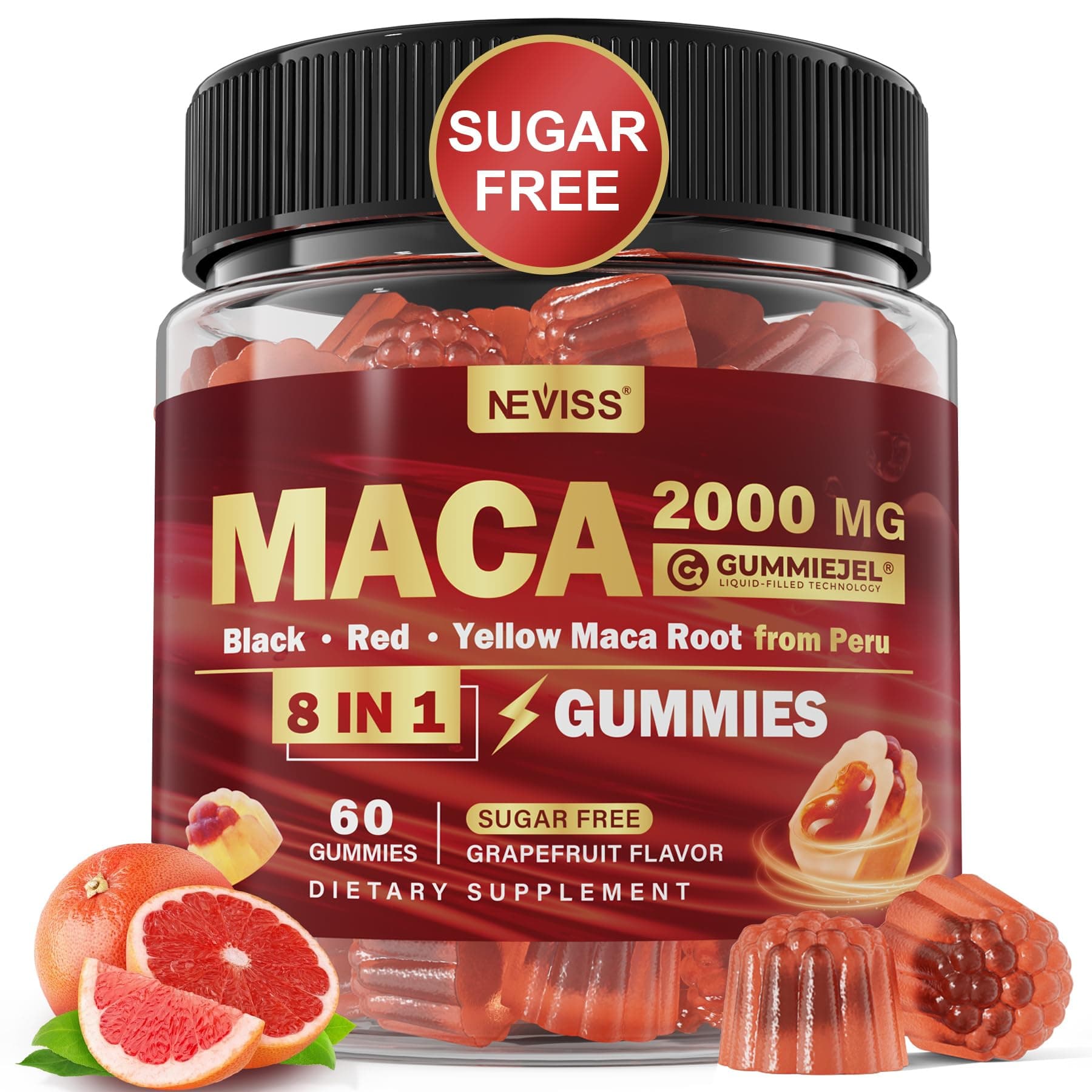 Maca Root Filled Gummies 2000mg for Women Men | Sugar Free | Organic Black, Red, Yellow Maca Root Supplement Gummy Chews with Ashwagandha Ginseng & Zinc | Vegan, Non-GMO, Grapefruit Flavor, 60 Count