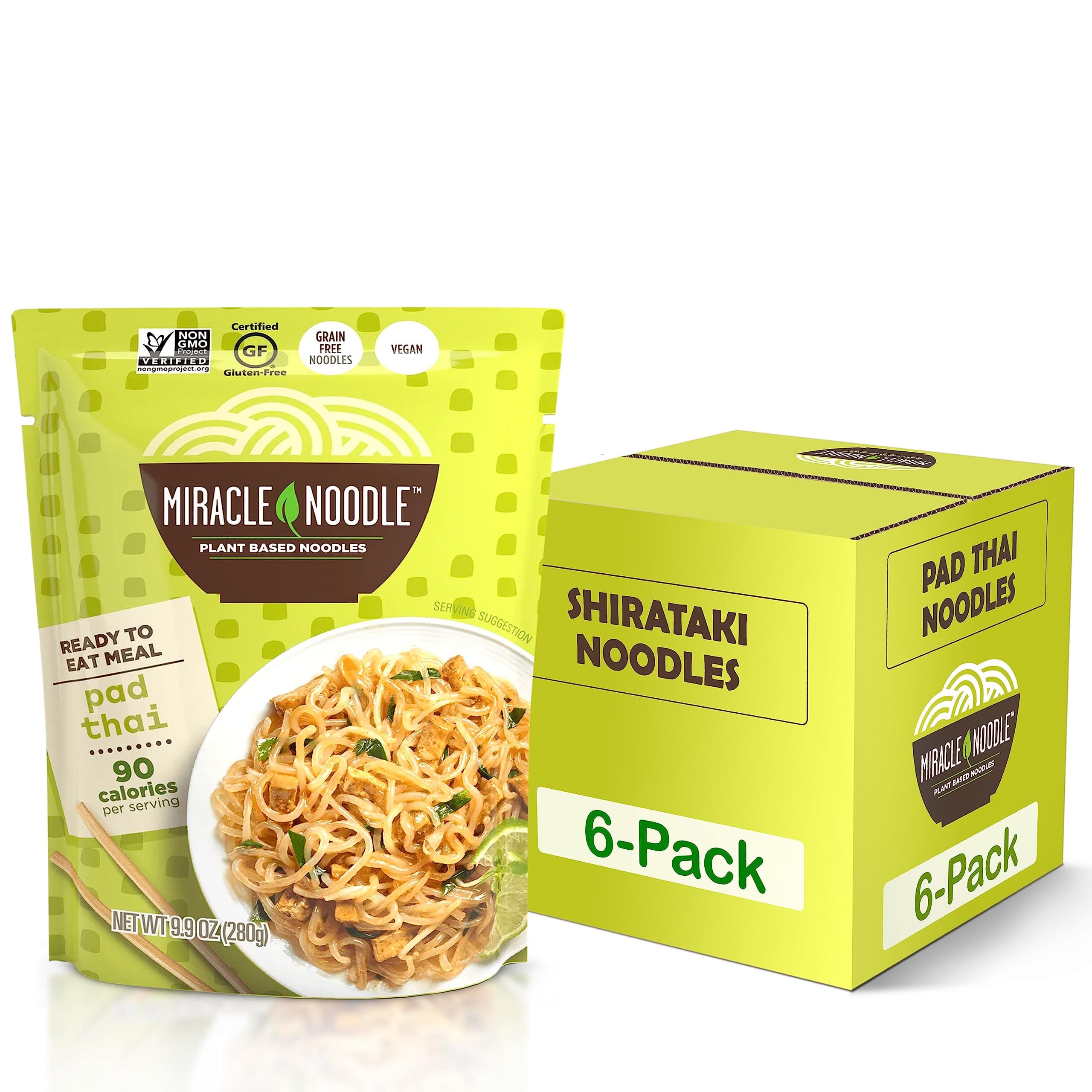 Miracle Noodle Pad Thai Ready To Eat Meal, 10 Oz (Pack of 6), Plant Based Shirataki Konjac Noodles, 90 Calories Per Serving, Low Carb, Gluten-Free