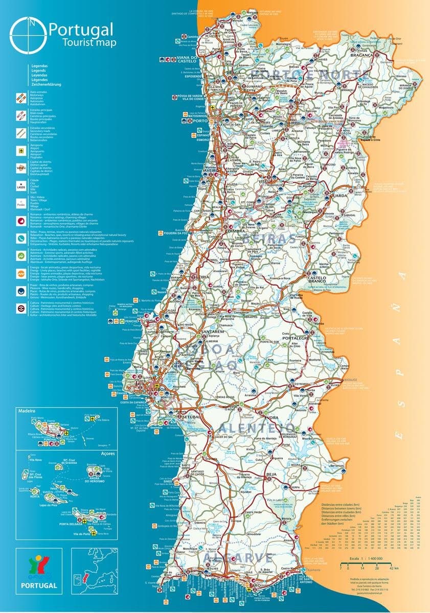 Gifts Delight Laminated 24"x34" Poster: Physical Map of Portugal in English Tourist map Road