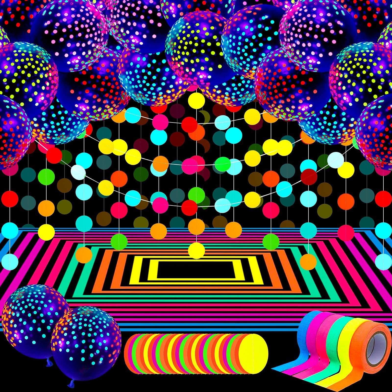 Skylety 32 Pcs Glow in The Dark Party Supplies Neon Party Favors with 25 Fluorescent Balloon 6 Rolls 98.4 ft UV Blacklight Luminous Tape 14.4 ft Neon Streamer Garland for Adults(Clear Dot)