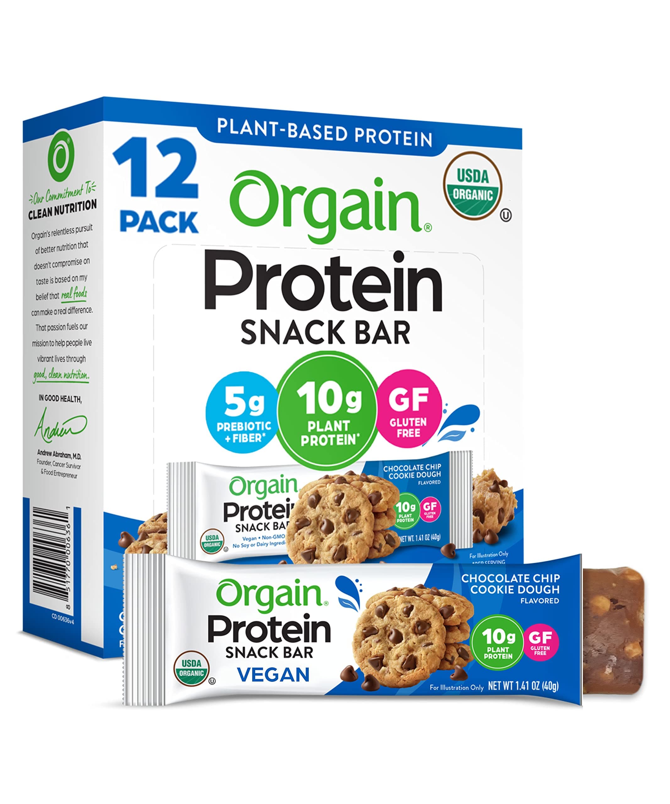 - Organic Vegan Protein Bars, Chocolate Chip Cookie Dough - 10g Plant Based Protein, Low Calorie Healthy Snacks, No Lactose or Soy Ingredients, Gluten Free, Non-GMO - 1.41 Oz (Pack of 12)