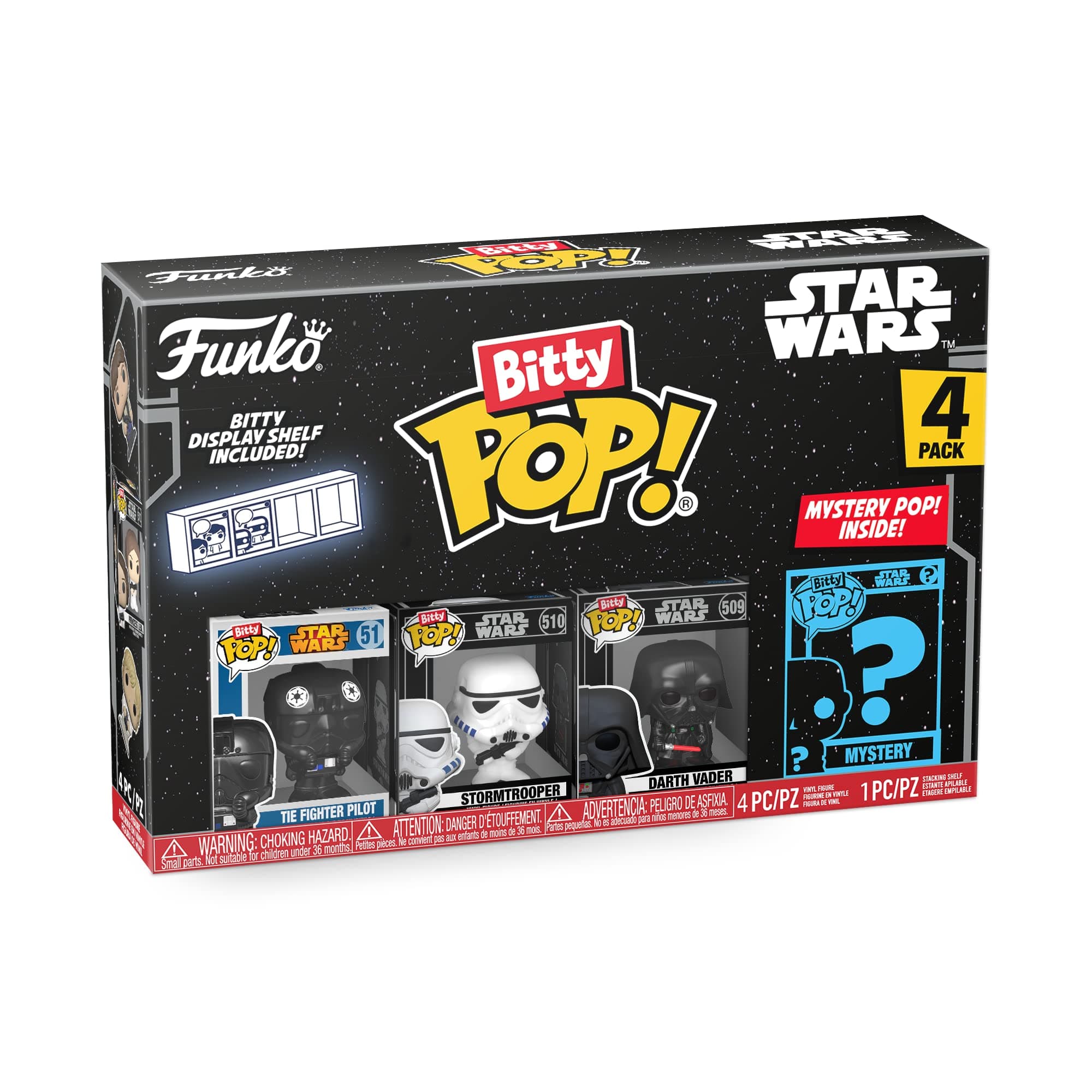 Bitty Pop! Star Wars - Darth Vader 4PK - Darth Vader™, TIE Fighter Pilot™, Stormtrooper™ and A Surprise Mystery Mini Figure - 0.9 Inch (2.2 Cm) Collectable - Stackable Display Shelf Included