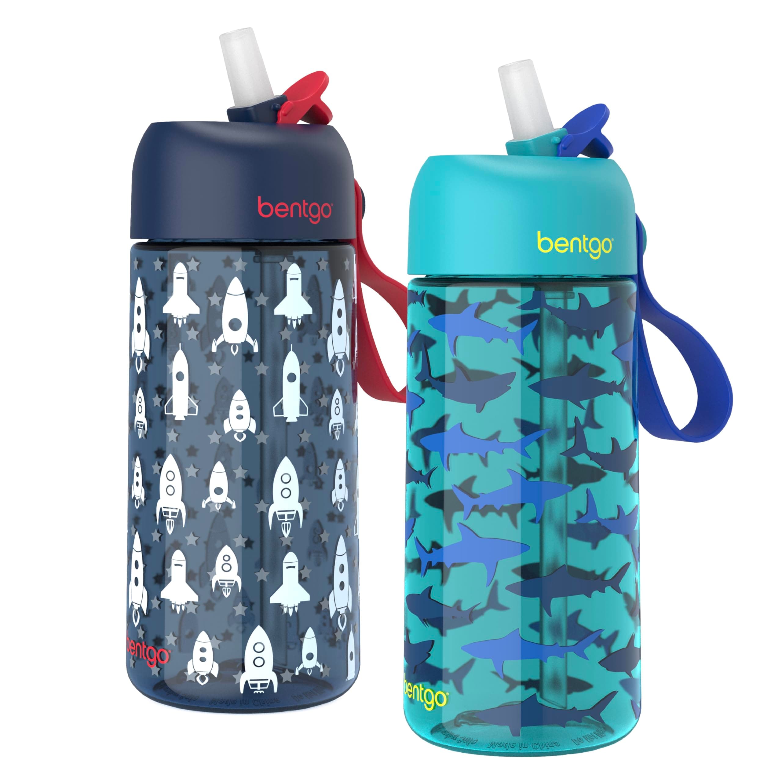 Bentgo Kids Water Bottle 2-Pack - Leak-Proof Durable Tritan BPA-Free 15 oz Cup for Kids/Toddlers Ages 3+; Bite & Sip Spout + Dishwasher Safe for School/Sports/Daycare/Camp (Rocket/Shark)