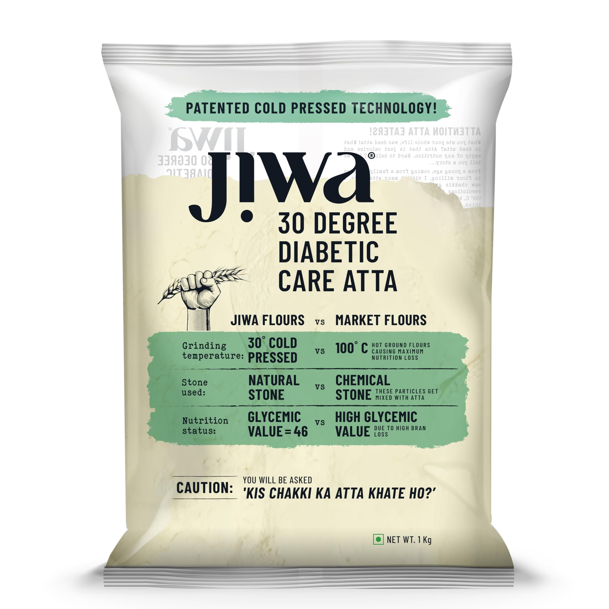 Jiwa Cold Milled Sugar Control Flour / Atta| Soft Fluffy Rotis | Chakki Ground Multigrain Flour | Low GI | Wholegrain Flour | 100% Natural Ingredients | Suitable for Diabetics & Pre Diabetics | 1 kg Pack