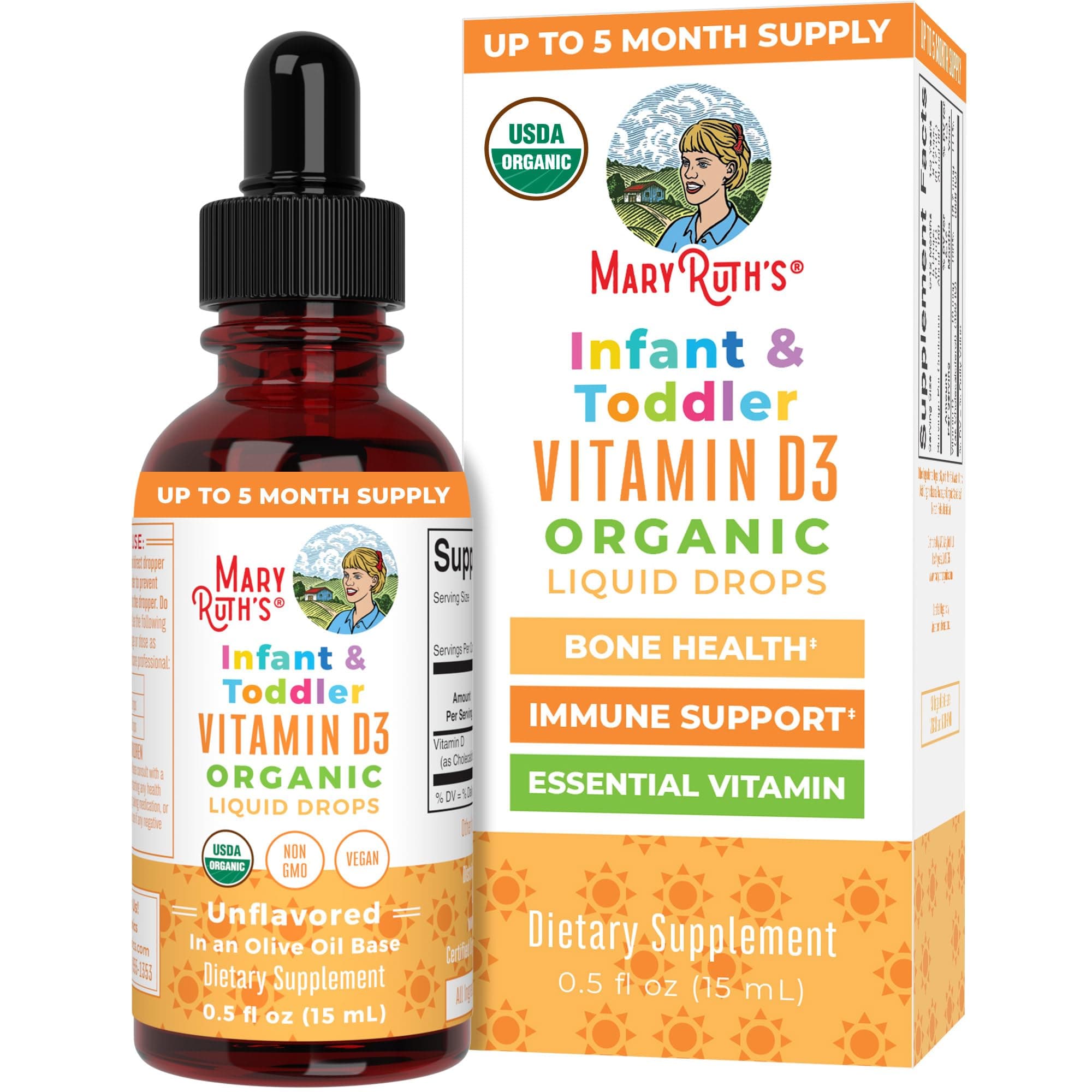 MARYRUTH'S USDA Organic Vitamin D Drops | Vitamin D3 Liquid | Sugar Free | Liquid Vitamin D Drops Immune Support for Infants & Toddlers | VIT D3 | Gluten Free | Non-GMO | 90-150 Servings