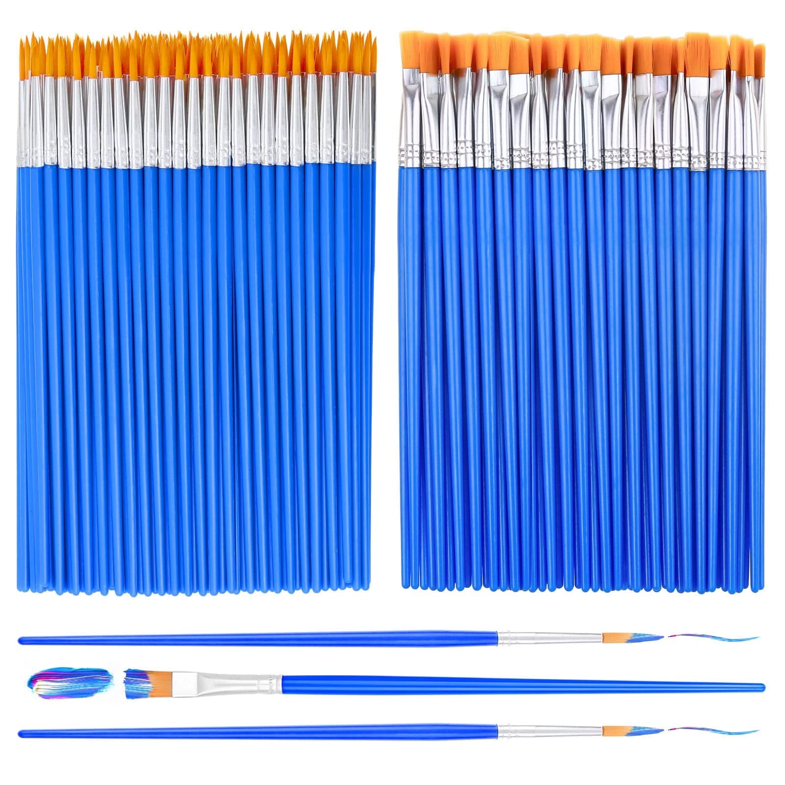 Small Paint Brushes Bulk, Anezus 100 Pcs Flat and Round Pointed Brushes Craft Paint Brushes for Classroom Watercolor Canvas Face Painting