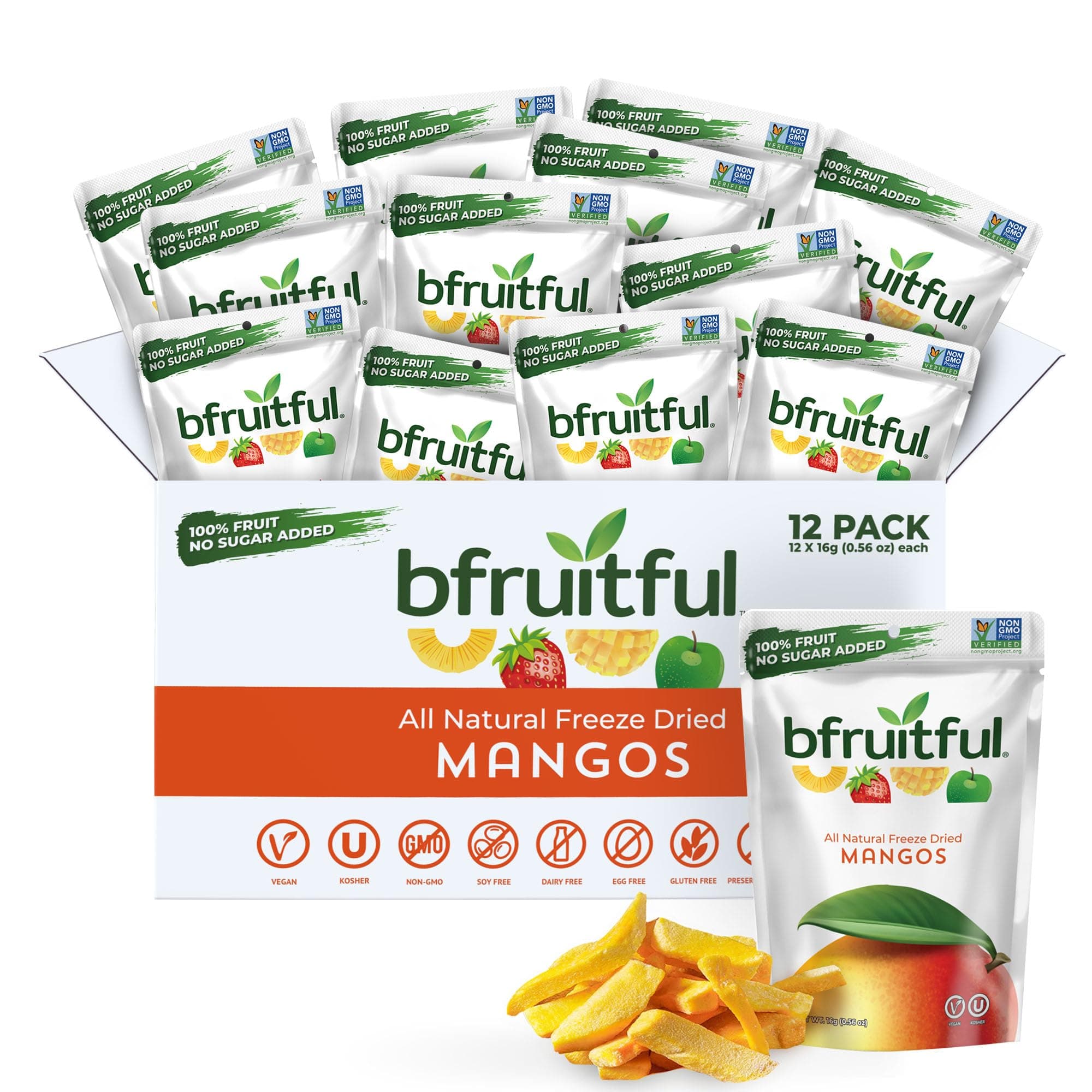 bfruitful freeze-dried mango, freeze dried fresh fruit pieces, gluten free, vegan, dairy free, kosher, no sugar, no GMO, healthy snacks for kids or adults,