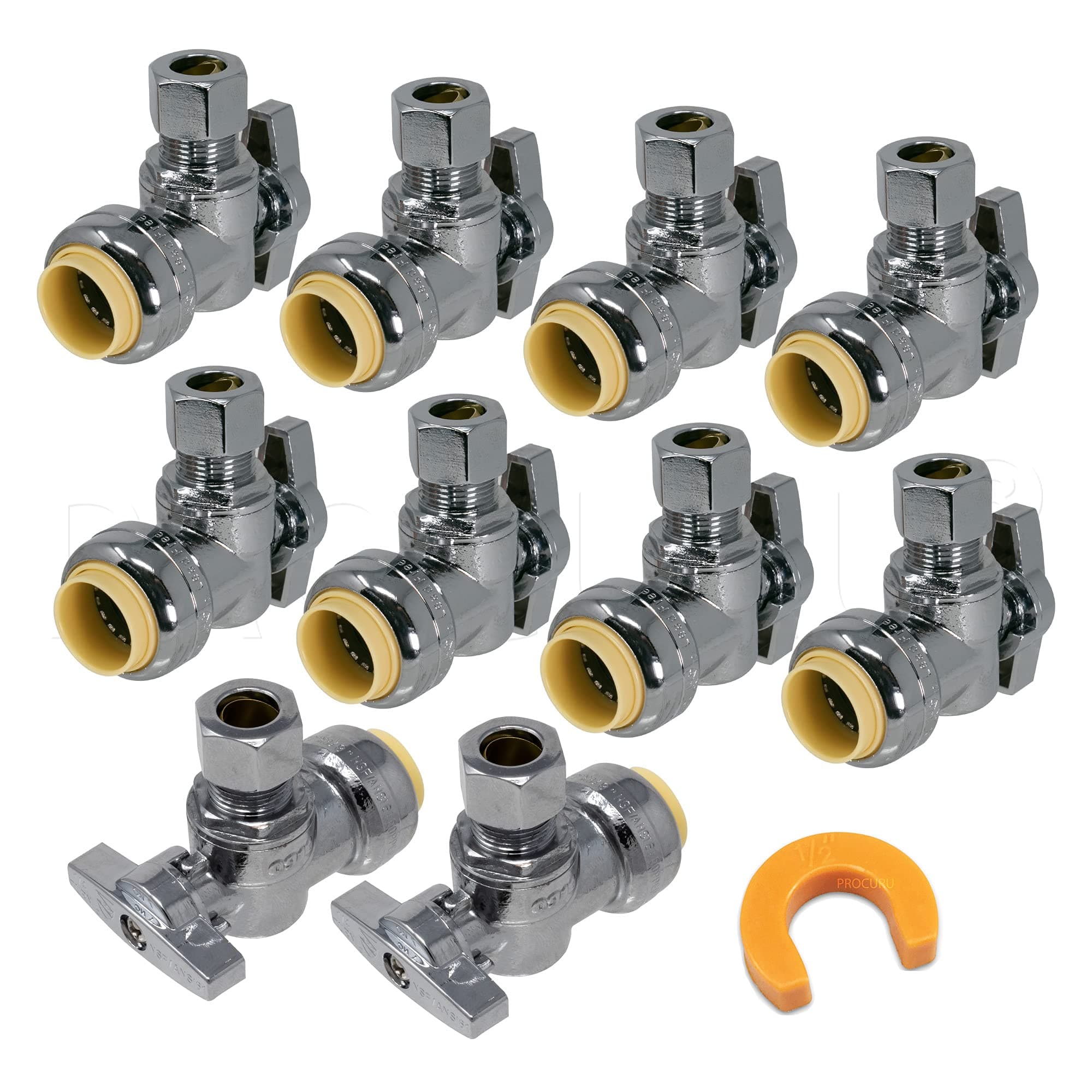 - [10-Pack] PROCURU PushFit Angle Stop Valve 1/2" Push x 3/8" OD Comp, Quarter-Turn Push-to-Connect Brass Shutoff Valve for Copper, PEX, CPVC, PE-RT, HDPE Pipes, LF Certified Safe (8X8012-11T)
