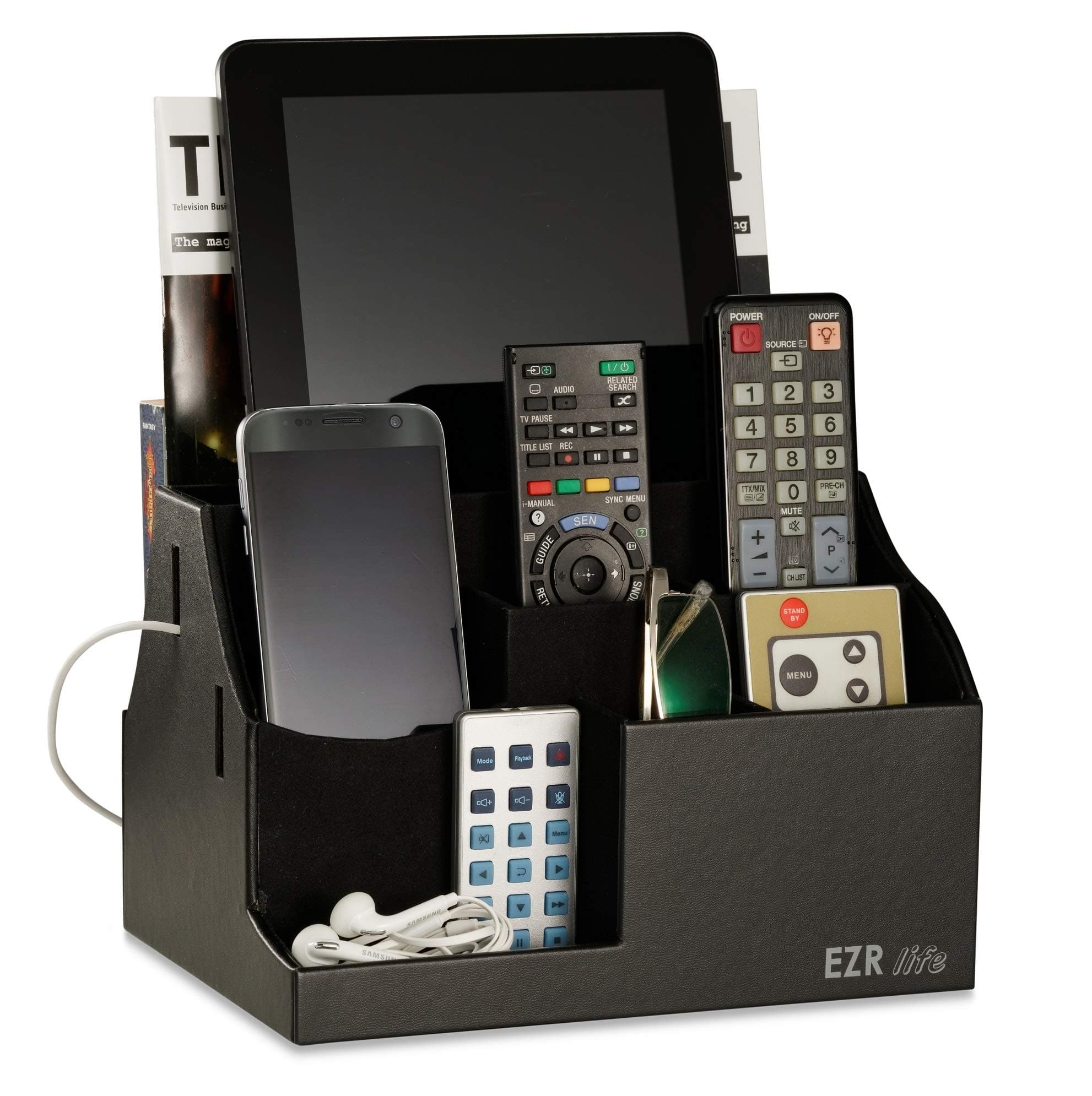 All-in-One Remote Control Holder, Caddy, Organizer - Black Leather - Also Holds Phones, Tablets, Books, Glasses (8 compartments, up to 14 remotes)